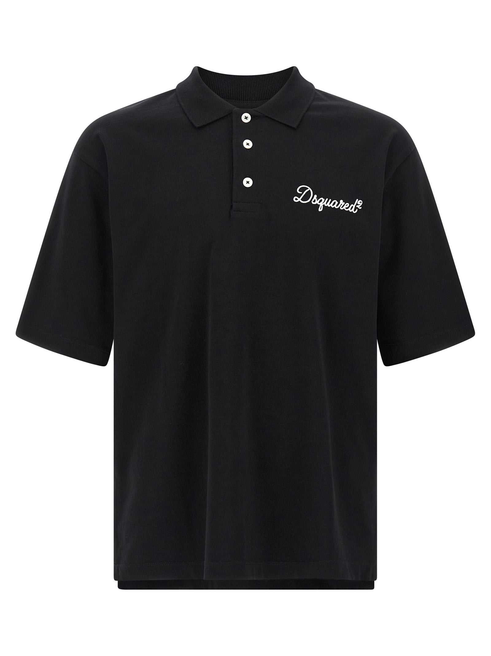 Chemise polo en coton noir de la marque Dsquared², avec col classique et logo discret, sur fond neutre.