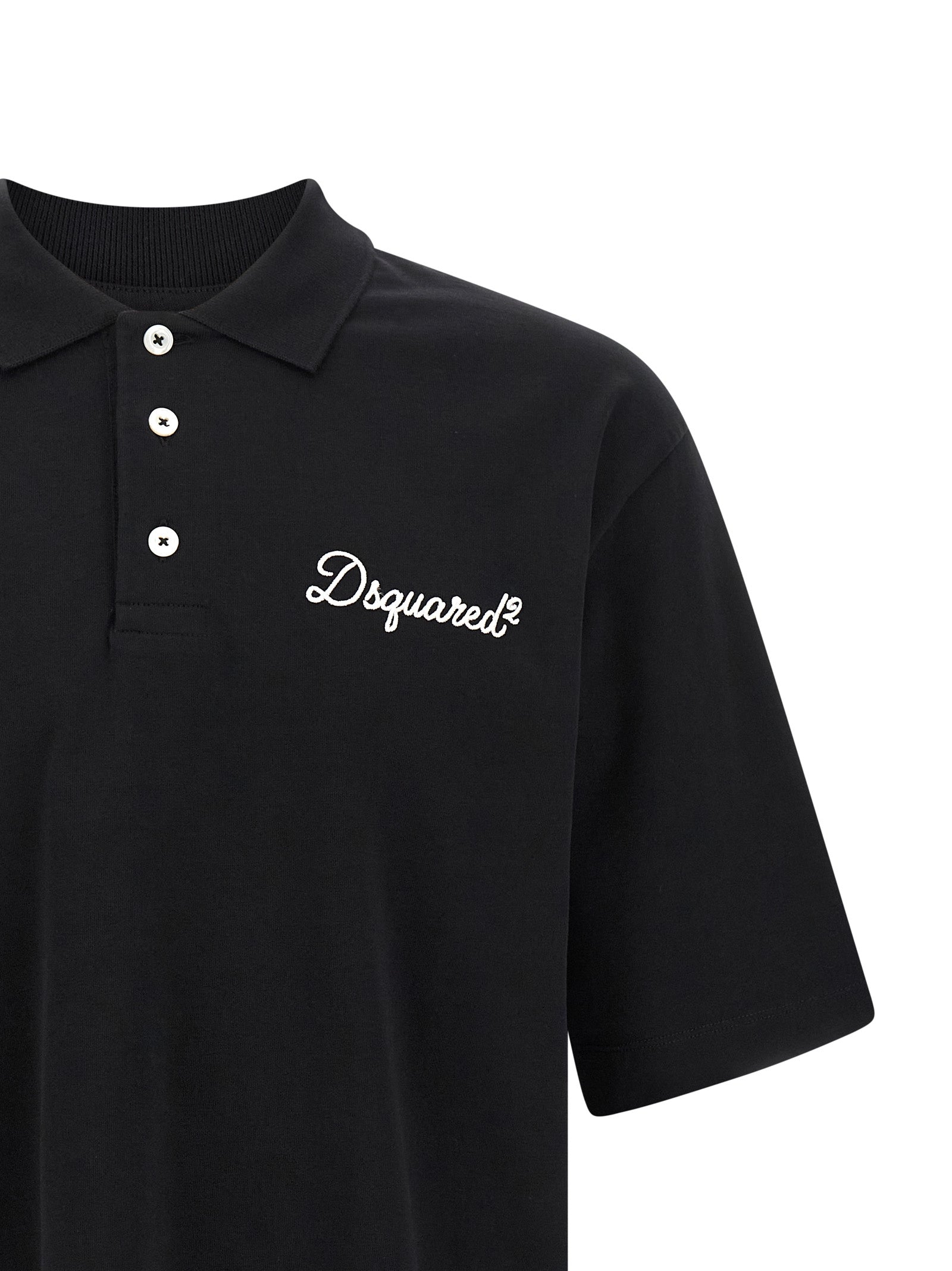 Chemise polo noire en coton de Dsquared², vue de face, avec col et boutons visibles.