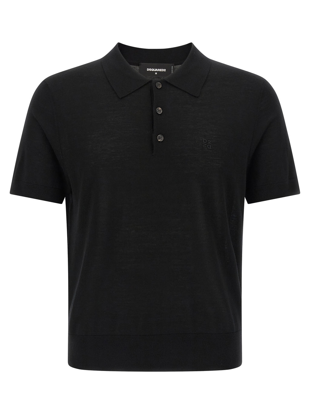 Polo en laine noire de la marque Dsquared², détail du col et du logo sur la poitrine, porté sur un mannequin.