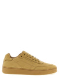 Chaussures sneakers en cuir de veau beige de Saint Laurent, style moderne, vue de côté.