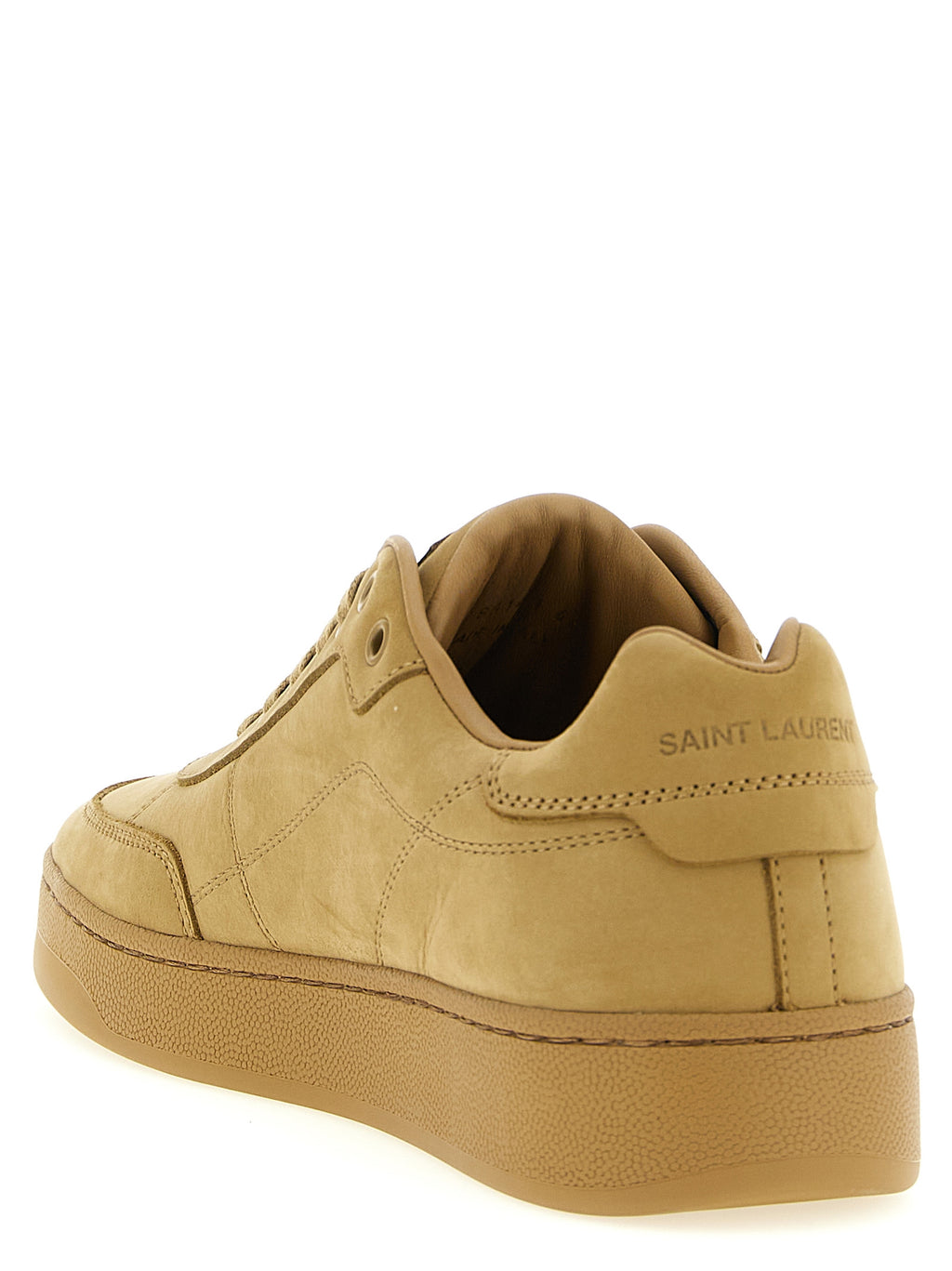Sneakers en cuir de veau beige Saint Laurent, chaussures de sport élégantes avec semelle blanche et détails sophistiqués.