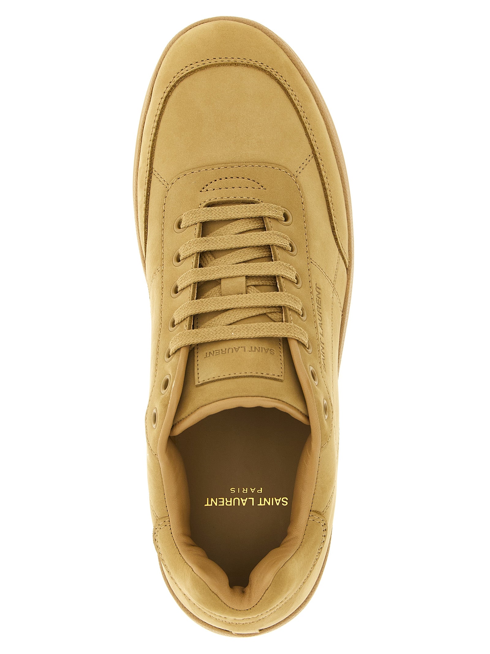 Sneakers en cuir de veau beige Saint Laurent, chaussures de luxe pour homme, vue de face avec détails de la marque.