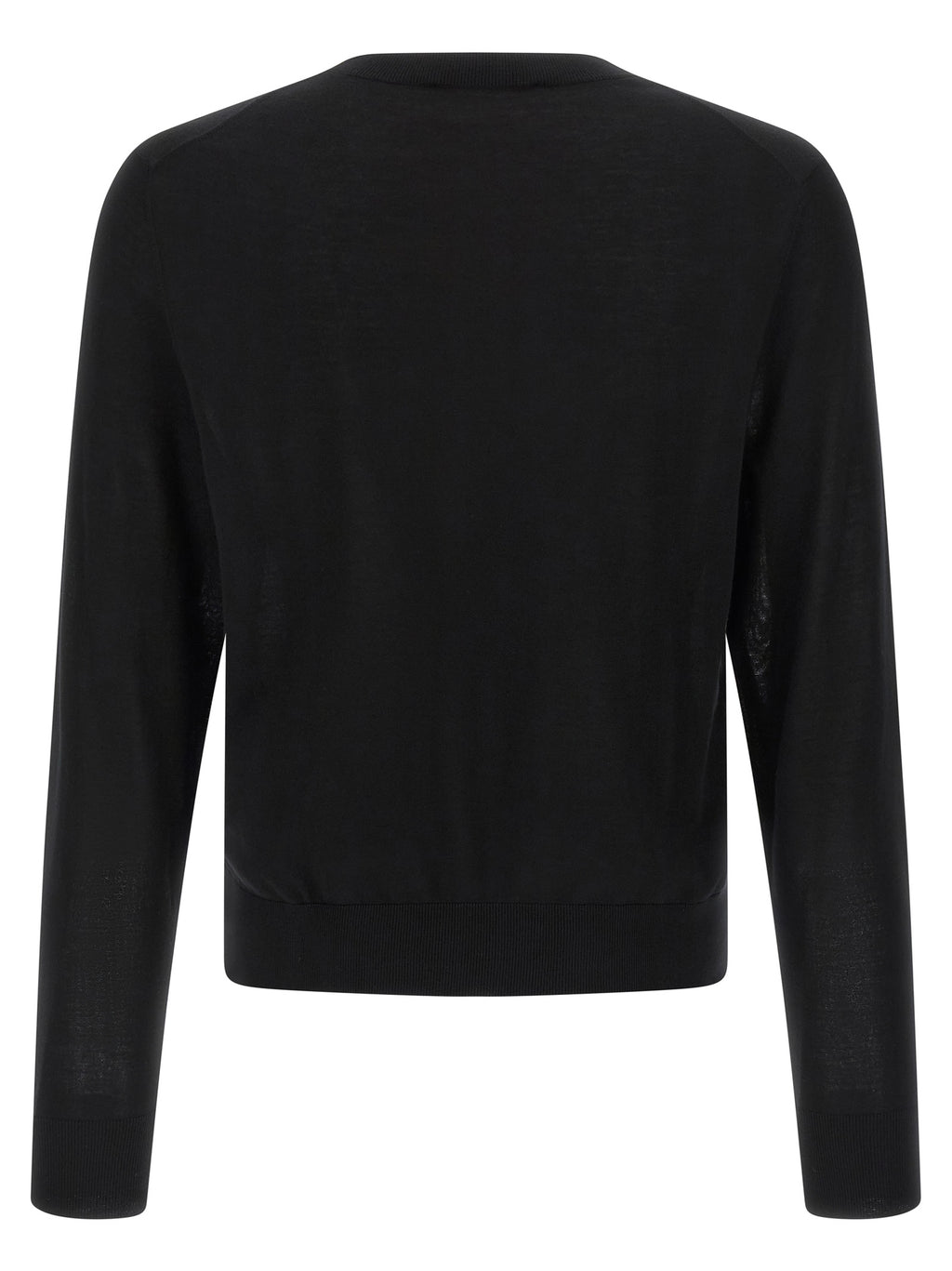 Cardigan en laine noire de la marque Dsquared² porté par un mannequin, avec col en V et boutons sur la devanture.