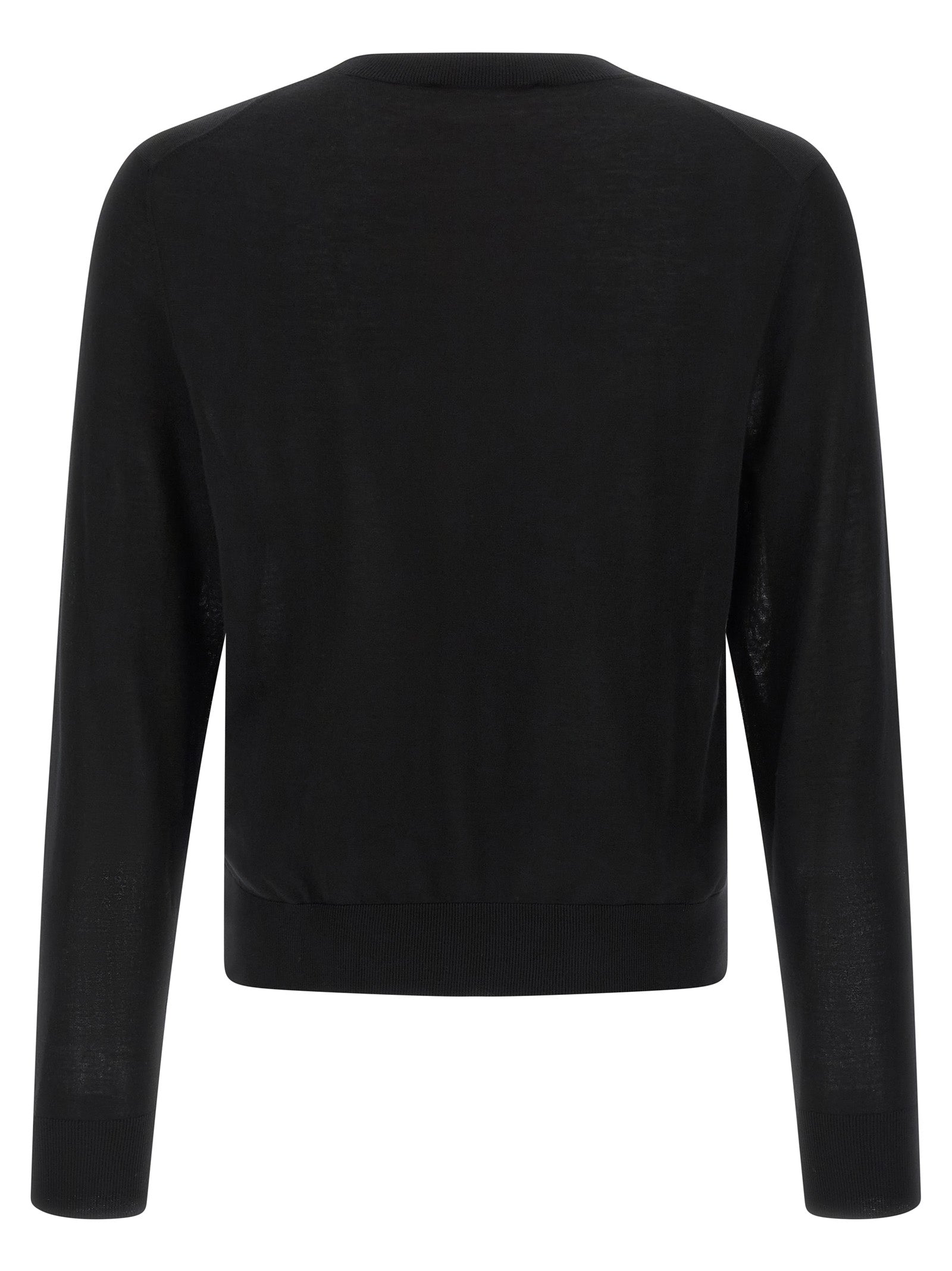 Cardigan en laine noire de la marque Dsquared² porté par un mannequin, avec col en V et boutons sur la devanture.