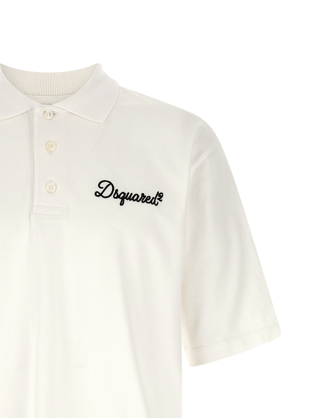 Chemise polo blanche en coton de la marque Dsquared², vue de face avec col et boutons visibles.