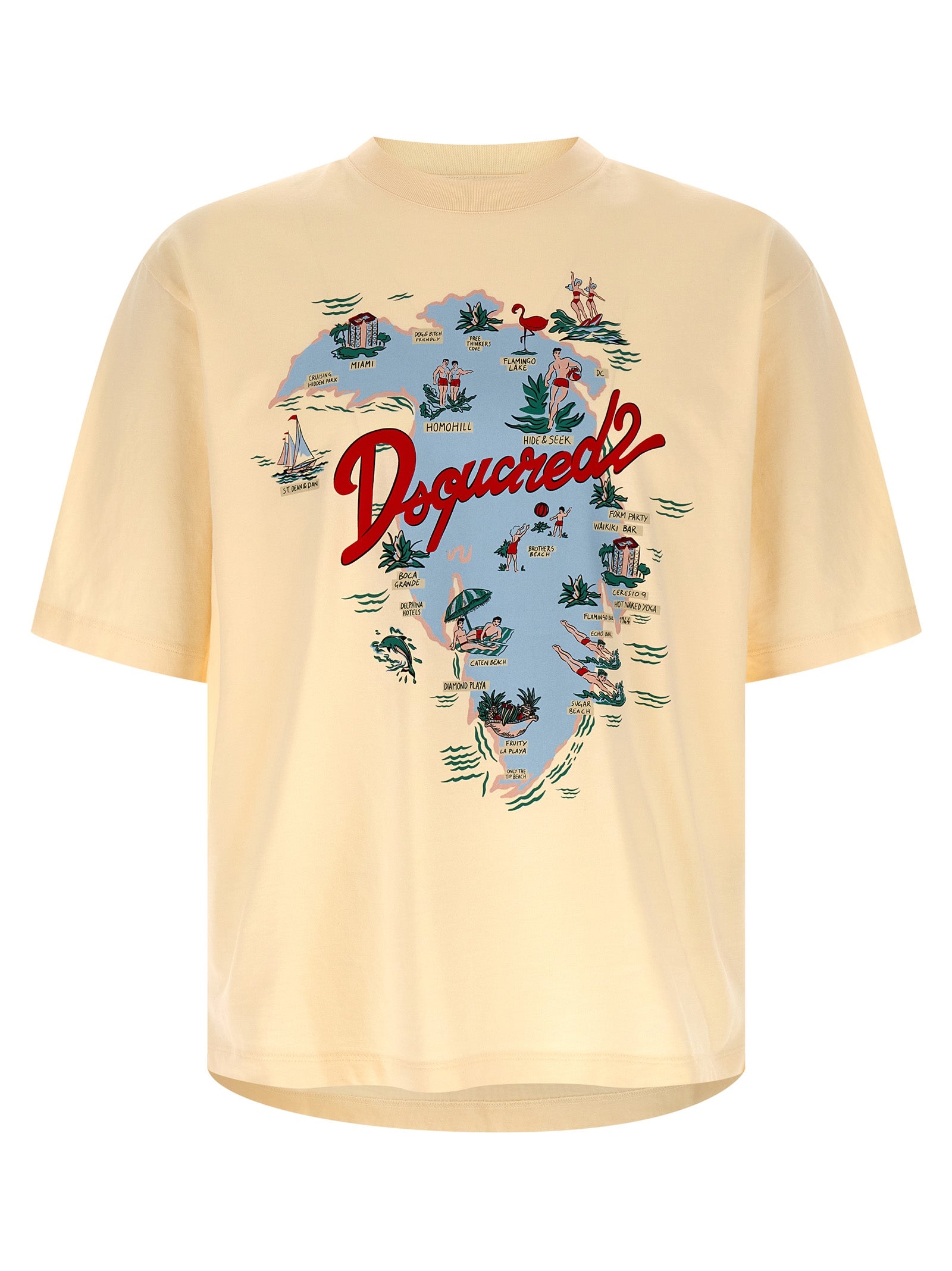 T-shirt en coton beige de la marque Dsquared², coupe classique, porté par un mannequin.