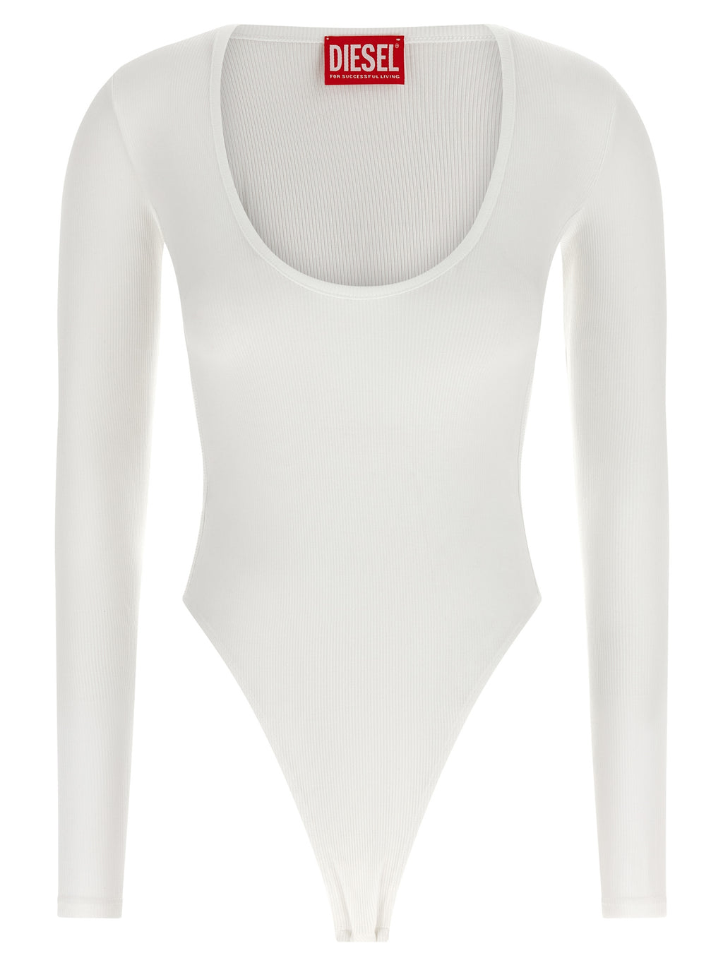 Body en viscose blanche de la marque Diesel, moulante, avec décolleté et détails modernes, vue de face.