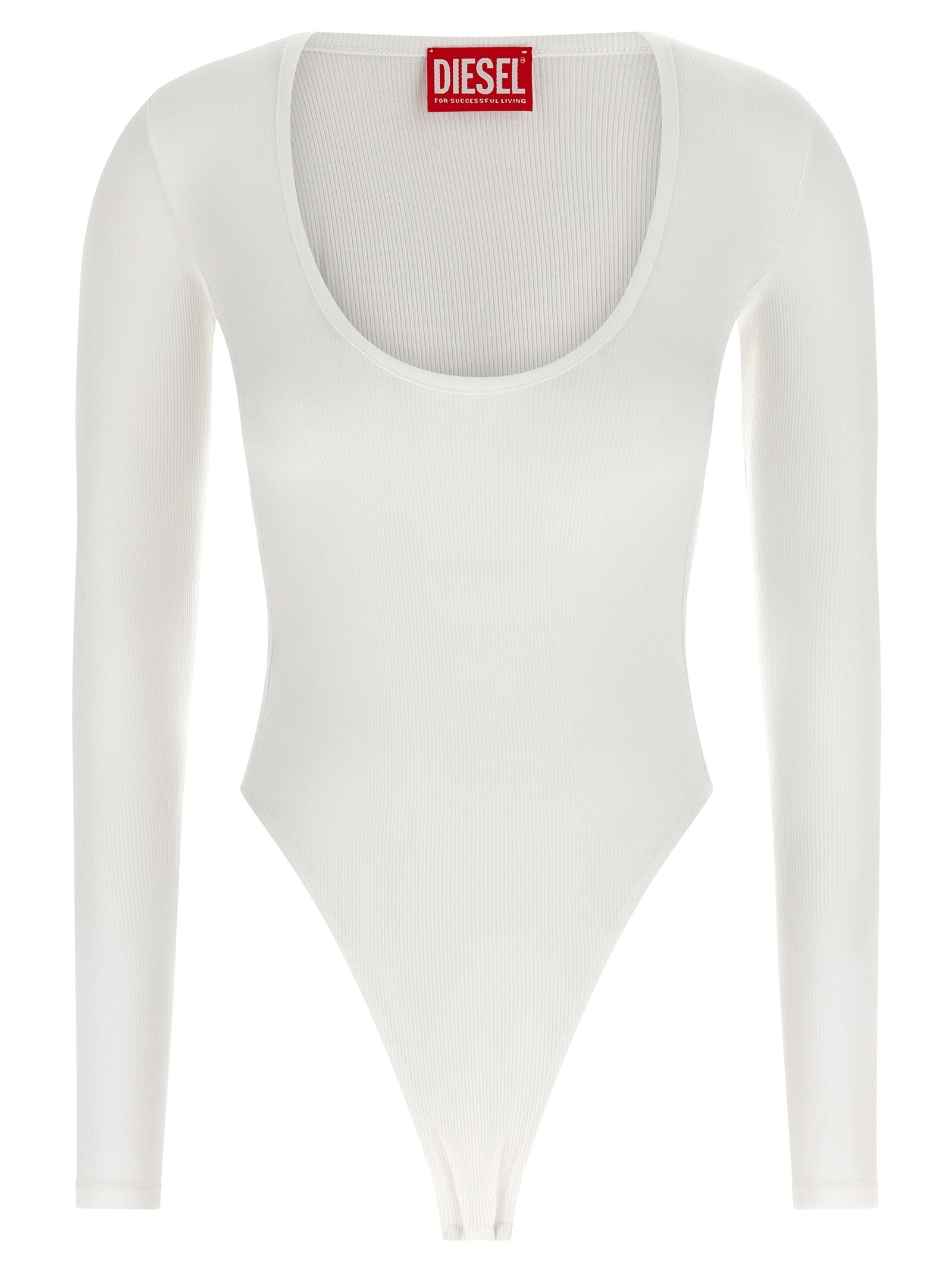 Body en viscose blanche de la marque Diesel, moulante, avec décolleté et détails modernes, vue de face.