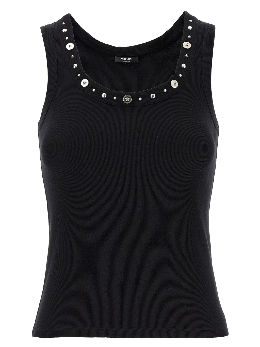 T-shirt sans manches en coton noir de la marque Versace avec logo signature visible.