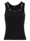 T-shirt sans manches en coton noir de la marque Versace avec logo signature visible.