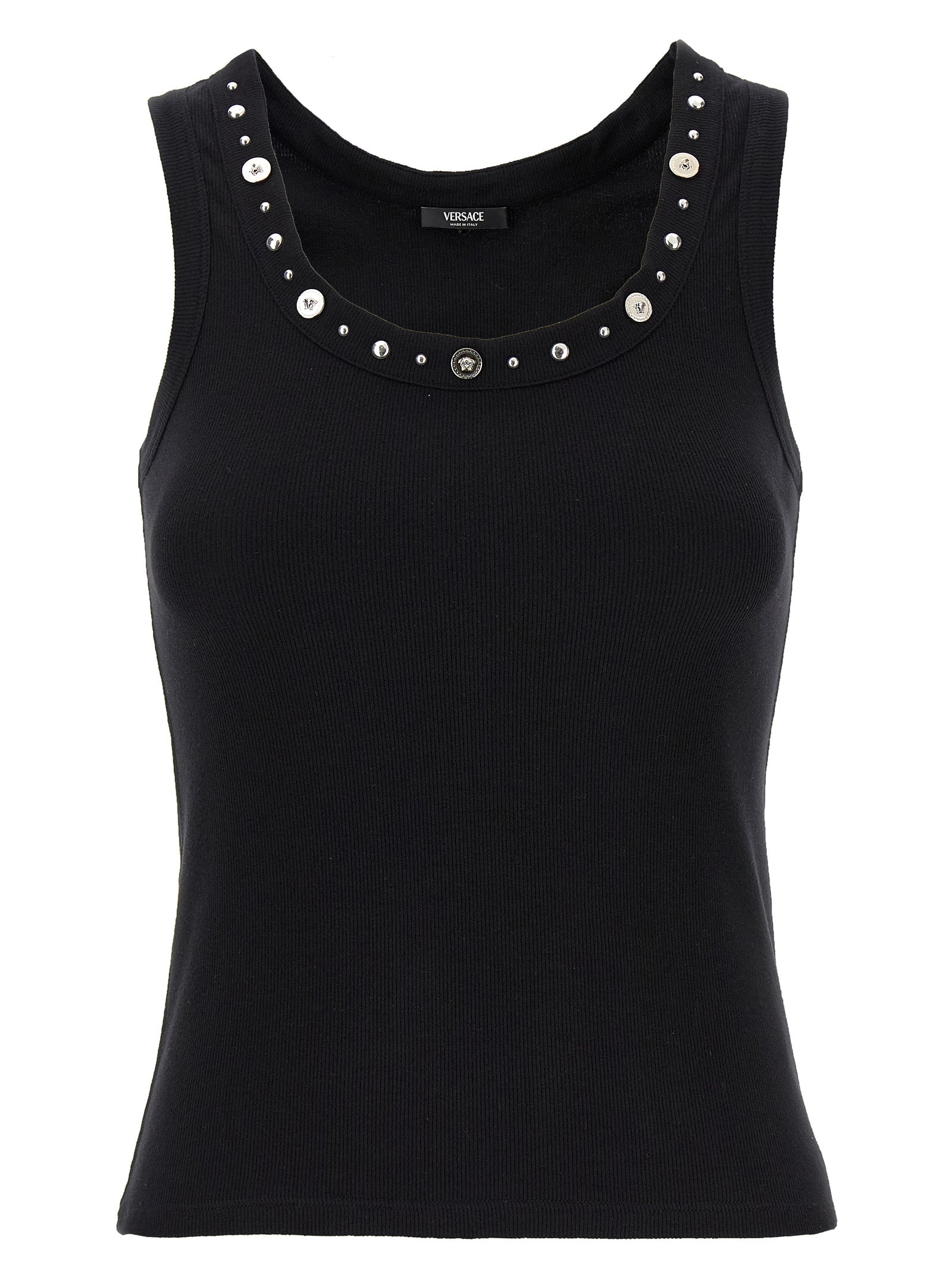 T-shirt sans manches en coton noir de la marque Versace avec logo signature visible.