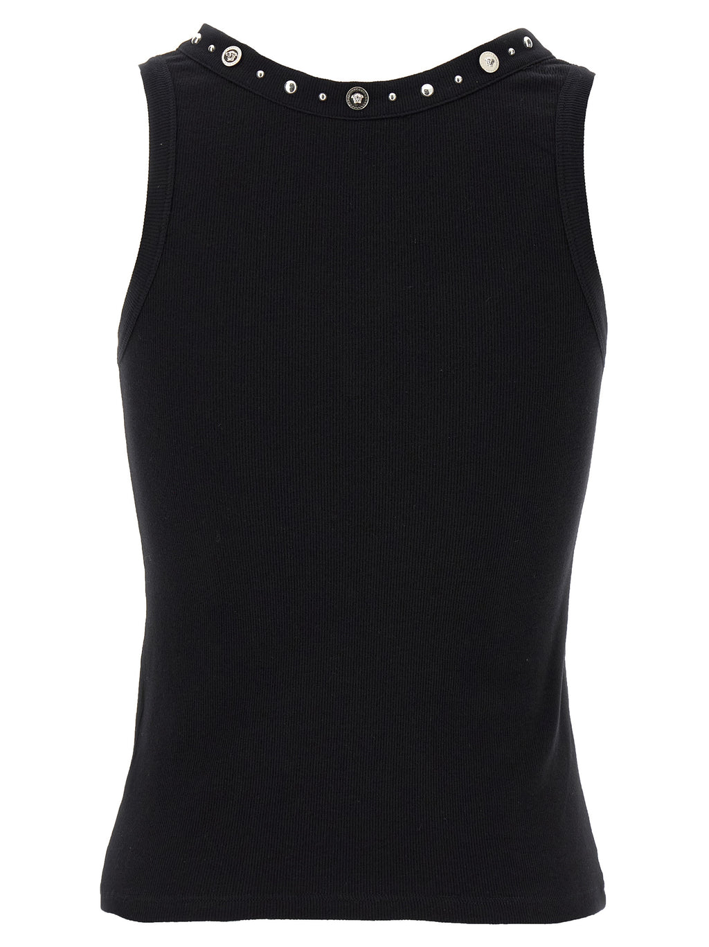 T-shirt sans manches en coton noir de la marque Versace, design élégant avec logo visible.