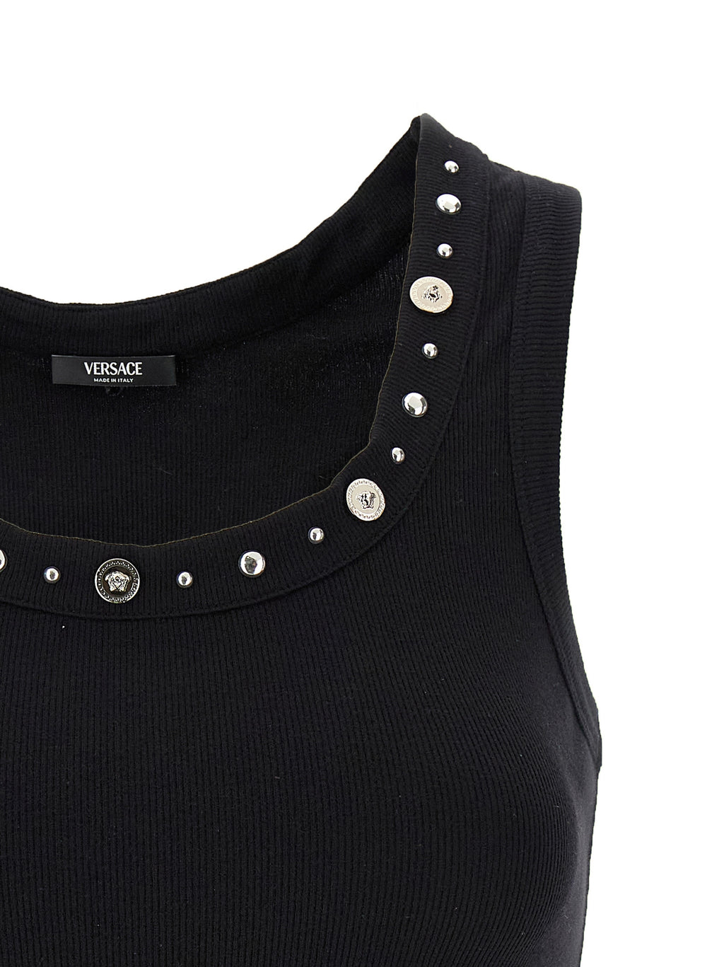 T-shirt sans manches noir en coton de la marque Versace, avec logo distinctif visible sur le devant.