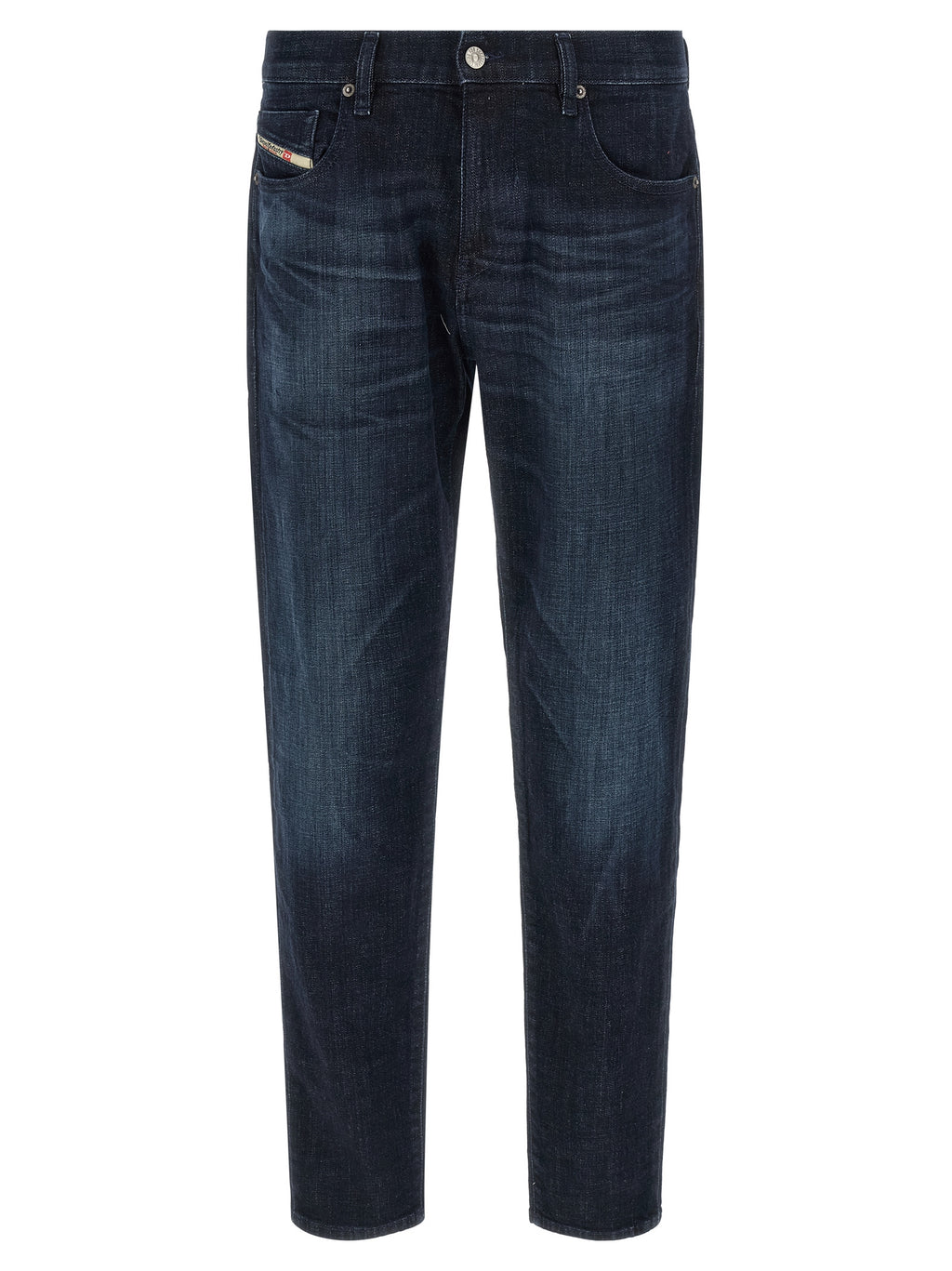 Jeans droits en coton bleu Diesel, style classique, vue de face, détails de couture visibles, tissu en denim léger.