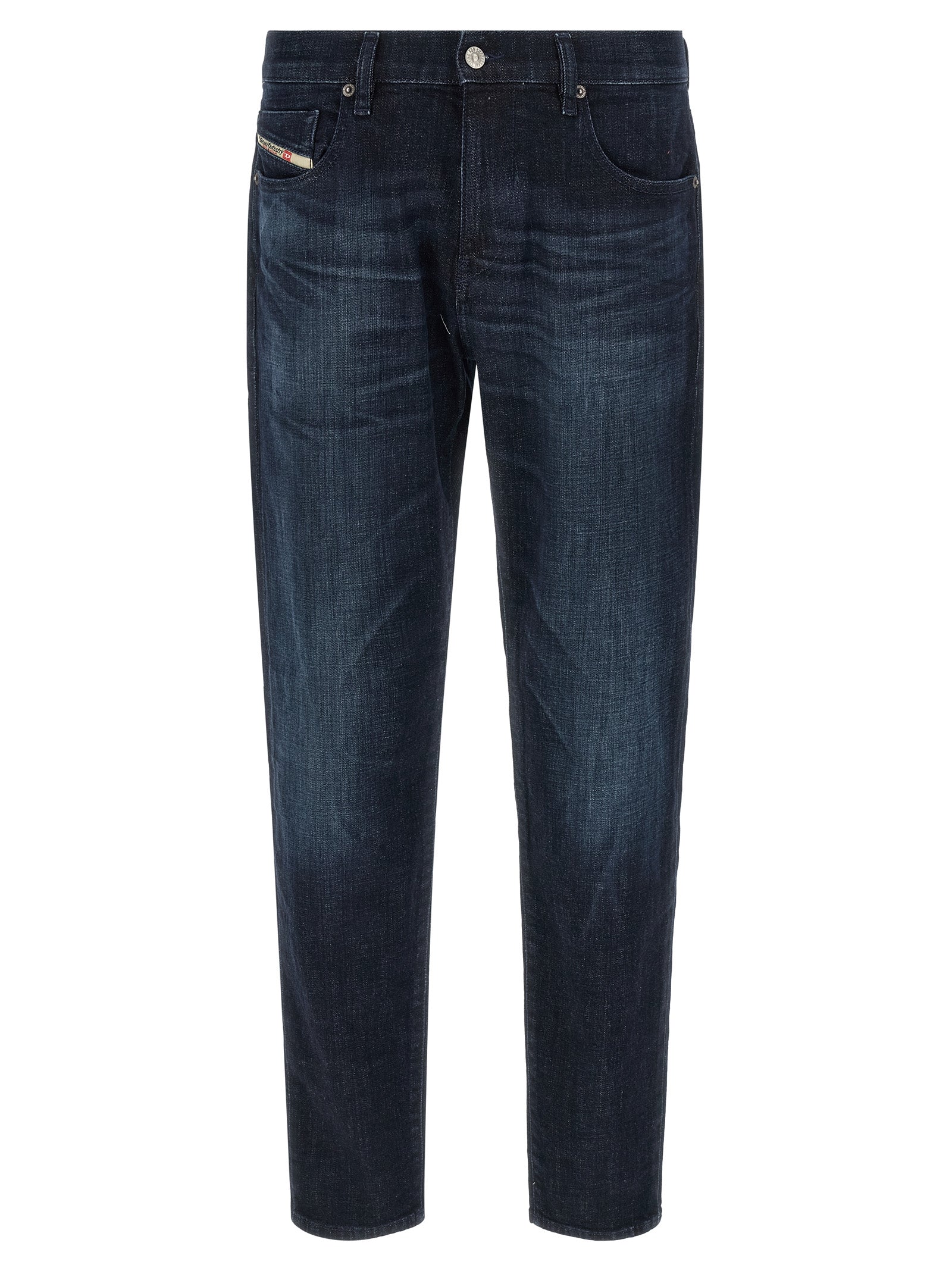 Jeans droits en coton bleu Diesel, style classique, vue de face, détails de couture visibles, tissu en denim léger.