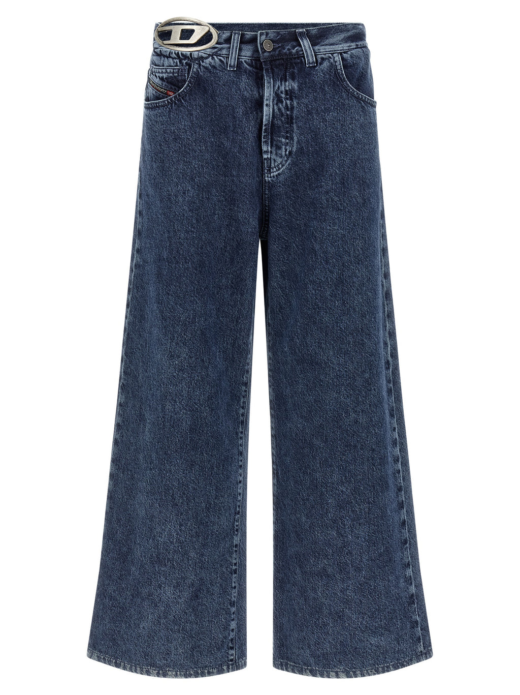 Jeans en denim coton bleu de la marque Diesel, coupe classique et détails authentiques, vue frontale.