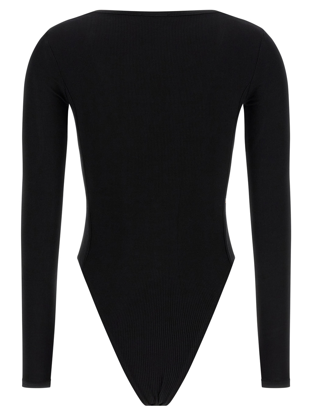 Body en viscose noire Diesel, vêtement moulant, avec décolleté en V et manches longues, porté par un mannequin.
