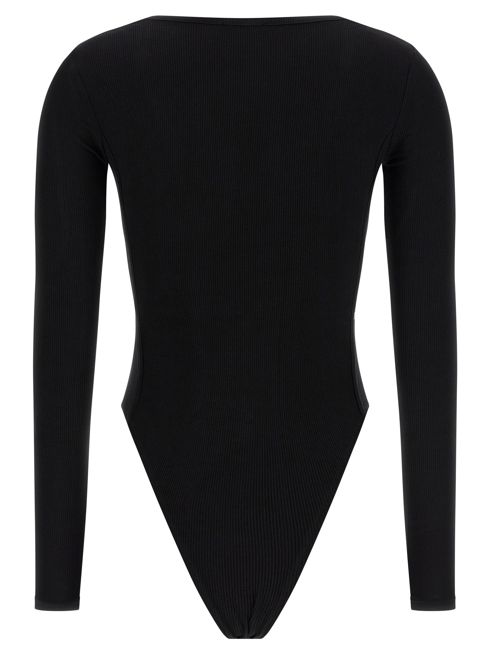 Body en viscose noire Diesel, vêtement moulant, avec décolleté en V et manches longues, porté par un mannequin.