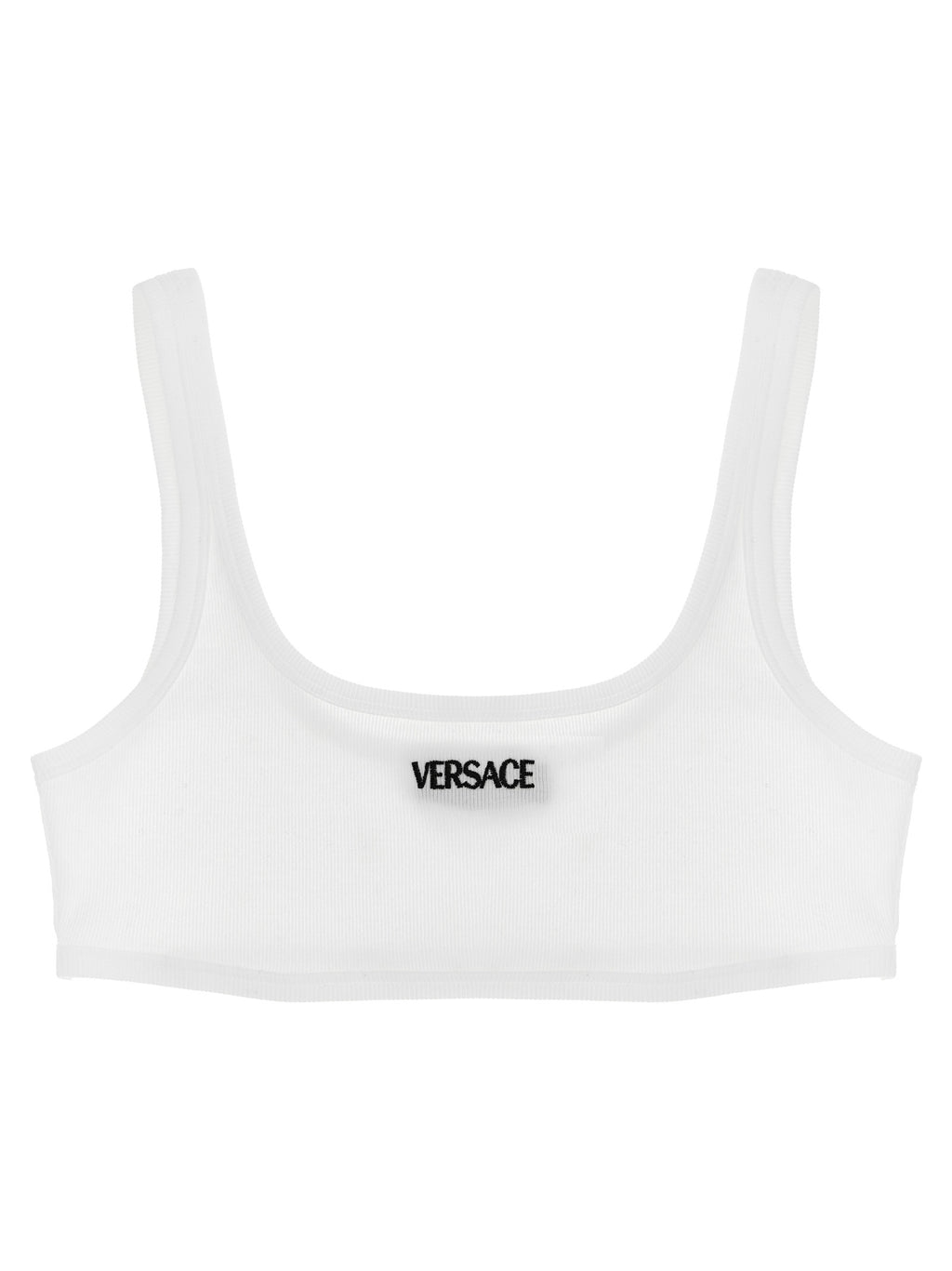 Soutien-gorge blanc en coton de la marque Versace, avec détails élégants et bande sous la poitrine.
