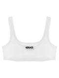 Soutien-gorge blanc en coton de la marque Versace, avec détails élégants et bande sous la poitrine.