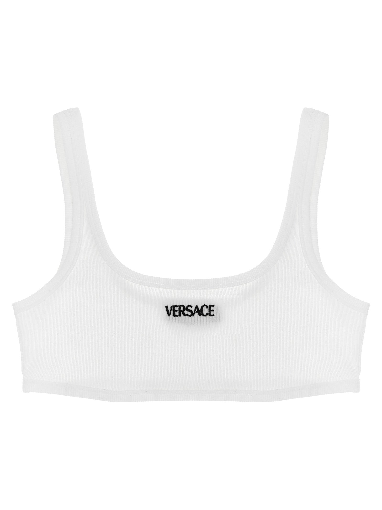Soutien-gorge blanc en coton de la marque Versace, avec détails élégants et bande sous la poitrine.