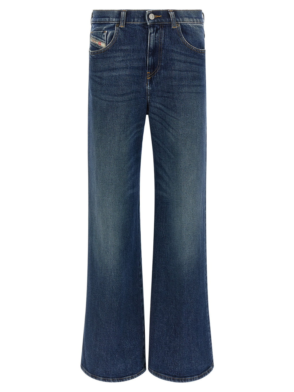 Jeans évasés en coton bleu de la marque Diesel, style décontracté avec coupe ample et détails modernes.