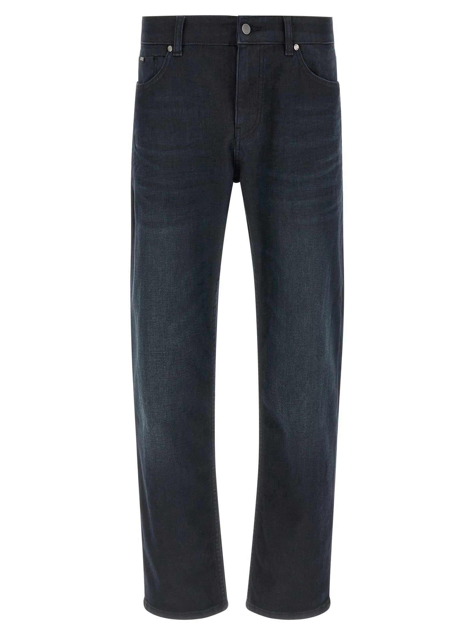 Jeans droits en coton bleu de la marque Hugo Boss, vue de face, avec détails de la coupe droite et la texture du tissu.