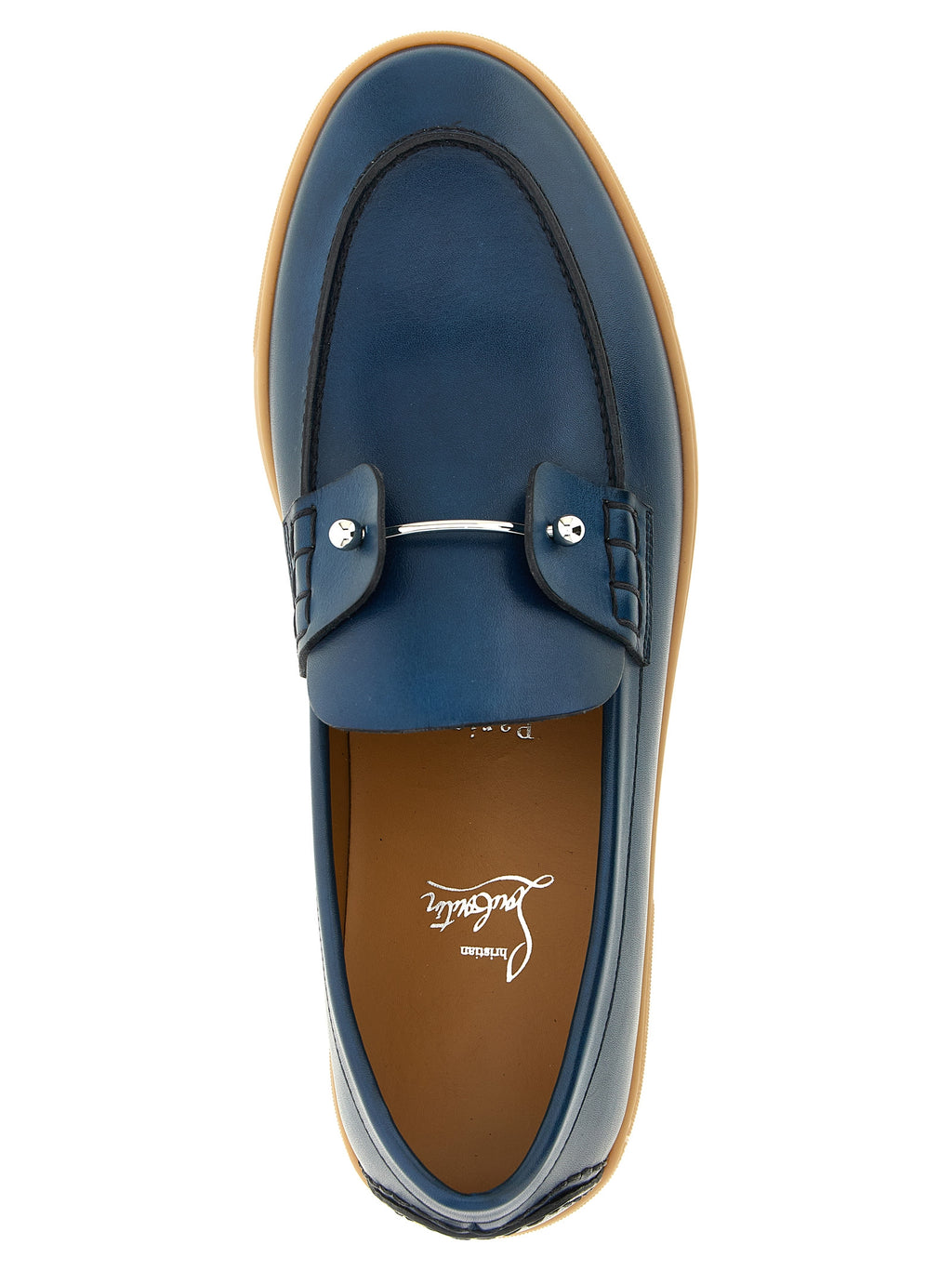 Mocassins Christian Louboutin en cuir de veau bleu, chaussons slip-on élégants et sophistiqués pour homme.