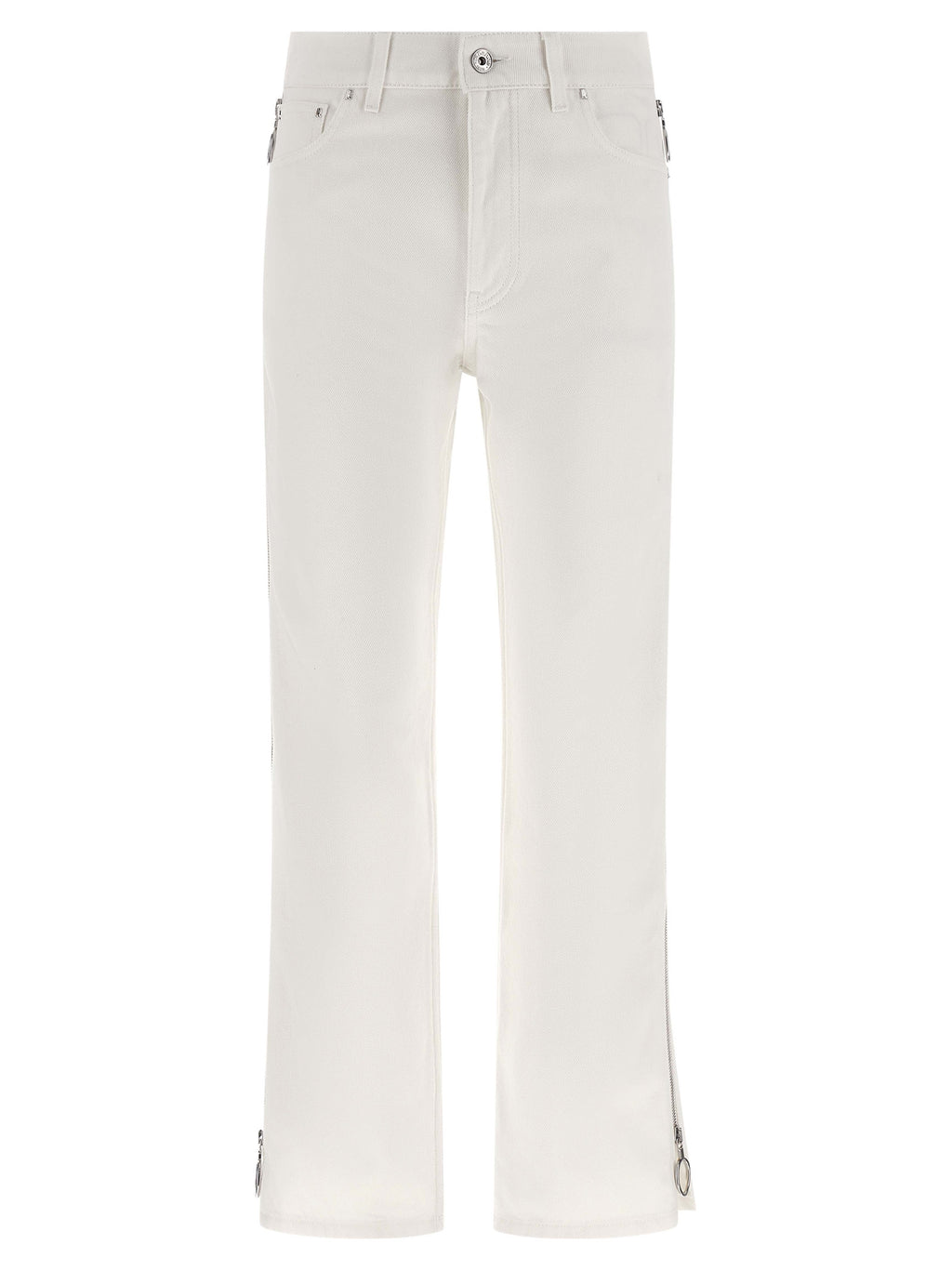 Jeans en denim blanc Paco Rabanne en coton, coupe classique avec détails modernes, vue de face sur un fond neutre.