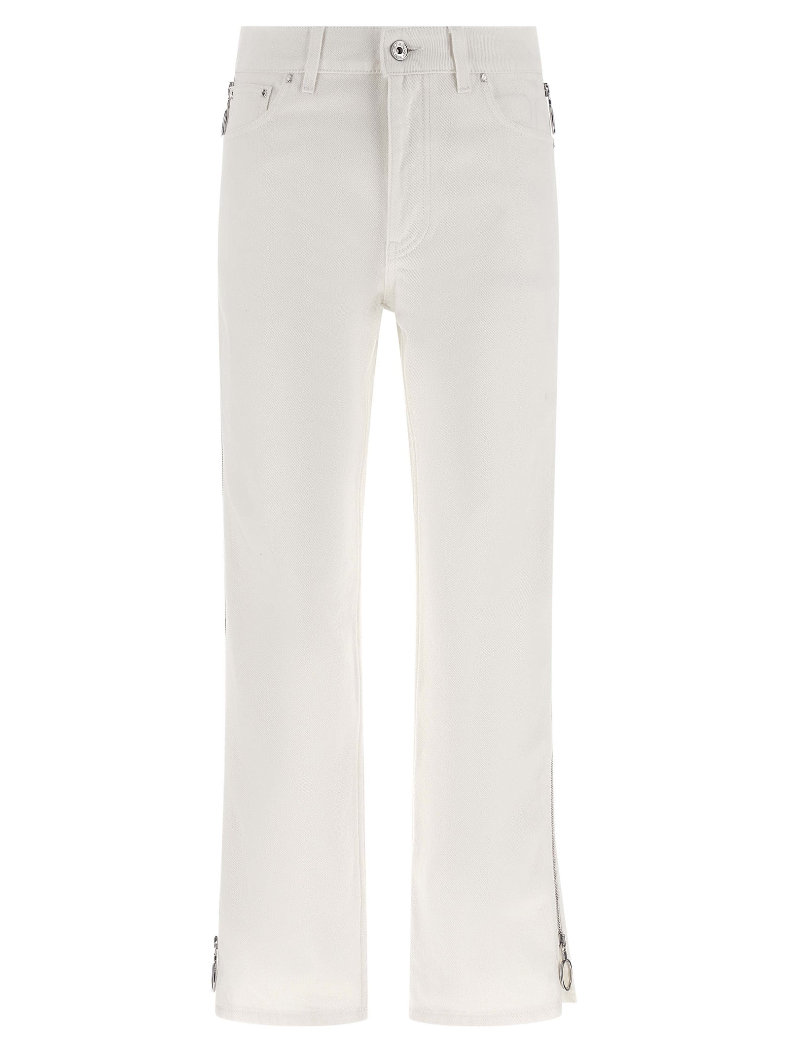 Jeans en denim blanc Paco Rabanne en coton, coupe classique avec détails modernes, vue de face sur un fond neutre.