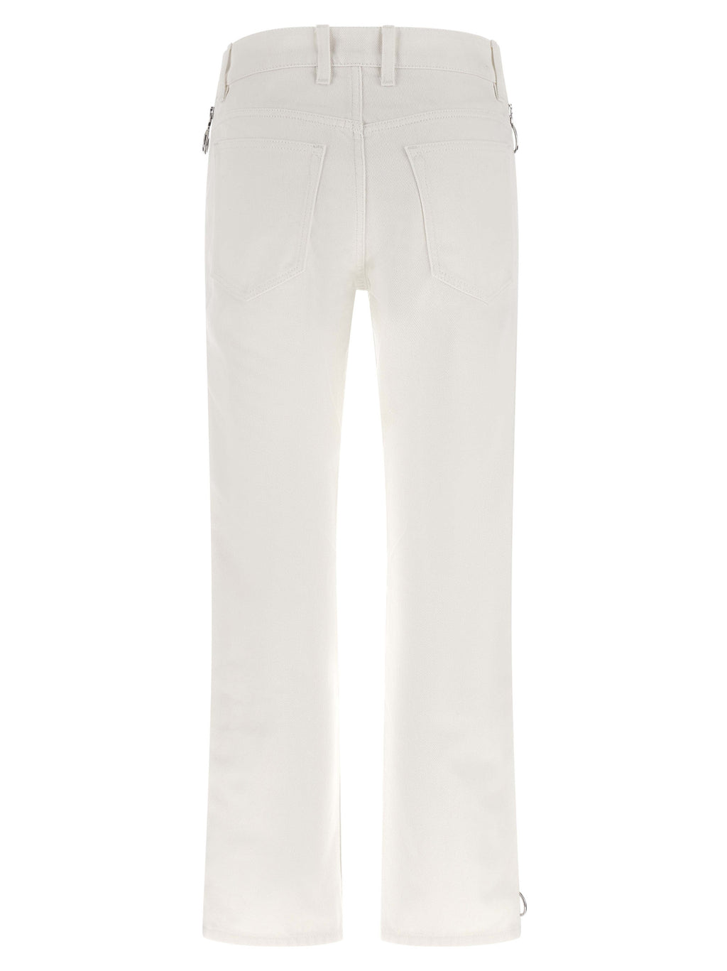 Jean en denim coton blanc Paco Rabanne, coupe classique avec détails modernes, porté sur un mannequin.