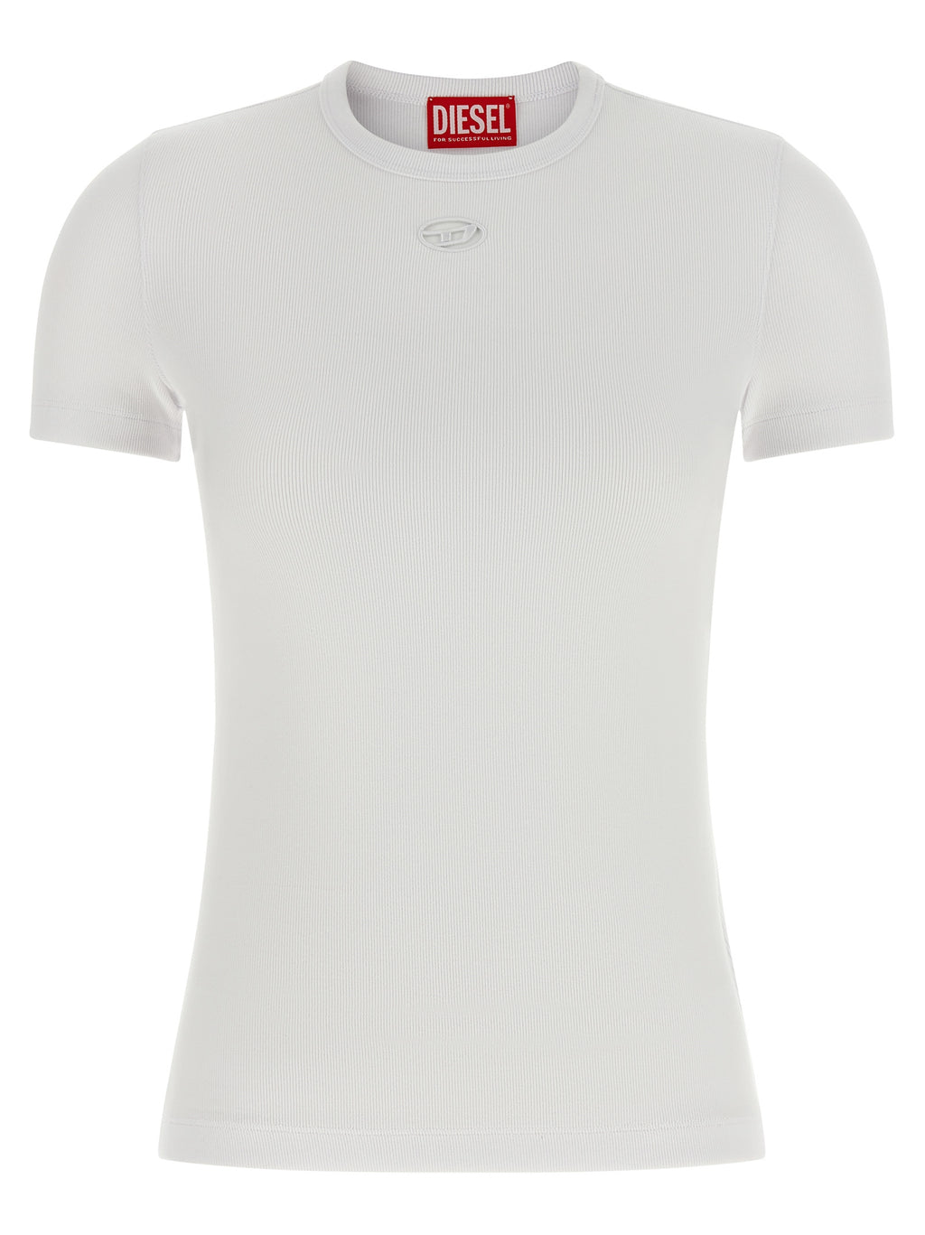 T-shirt blanc en coton de la marque Diesel, coupe classique, porté sur mannequin, vue frontale.