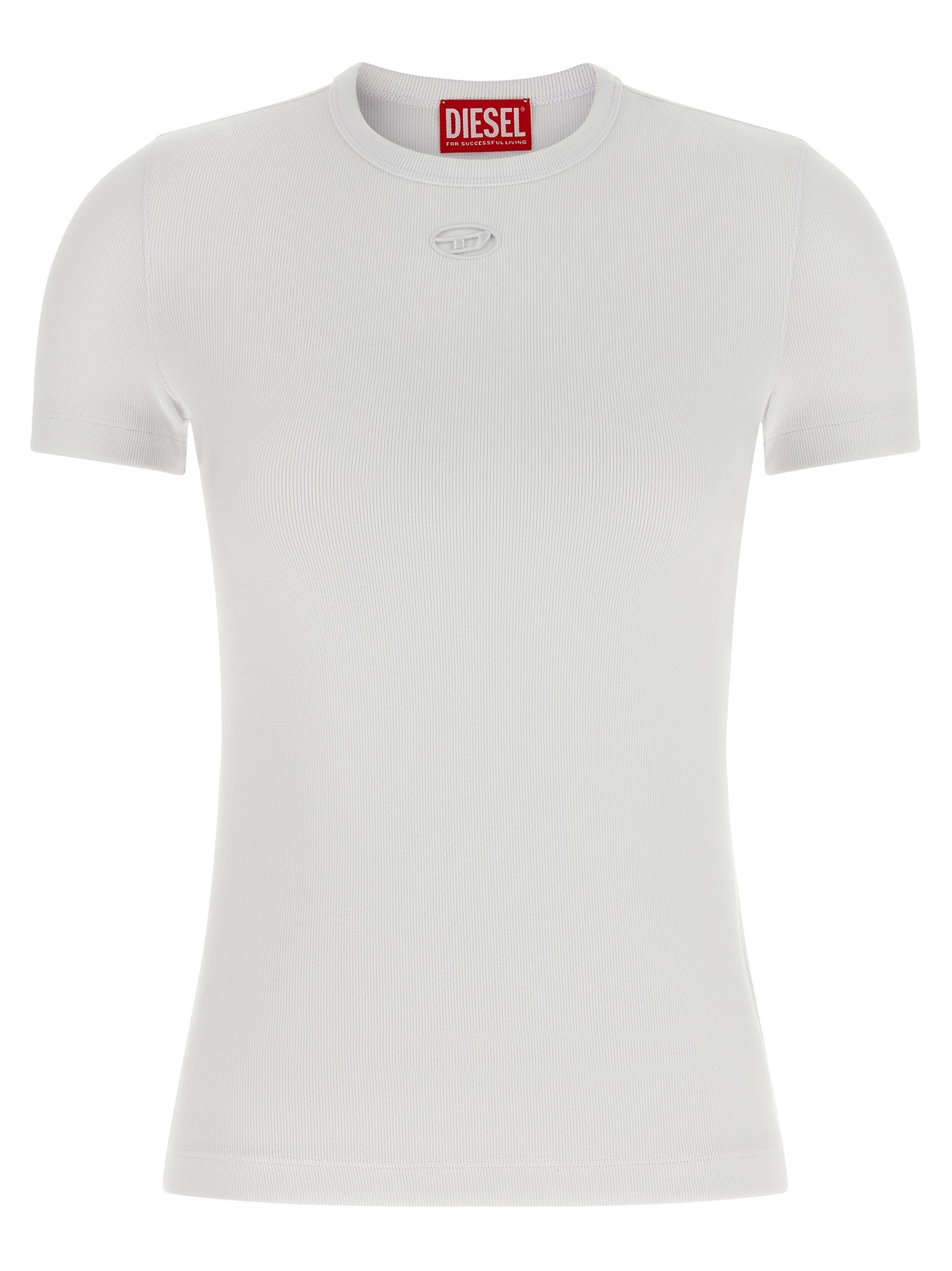 T-shirt blanc en coton de la marque Diesel, coupe classique, porté sur mannequin, vue frontale.