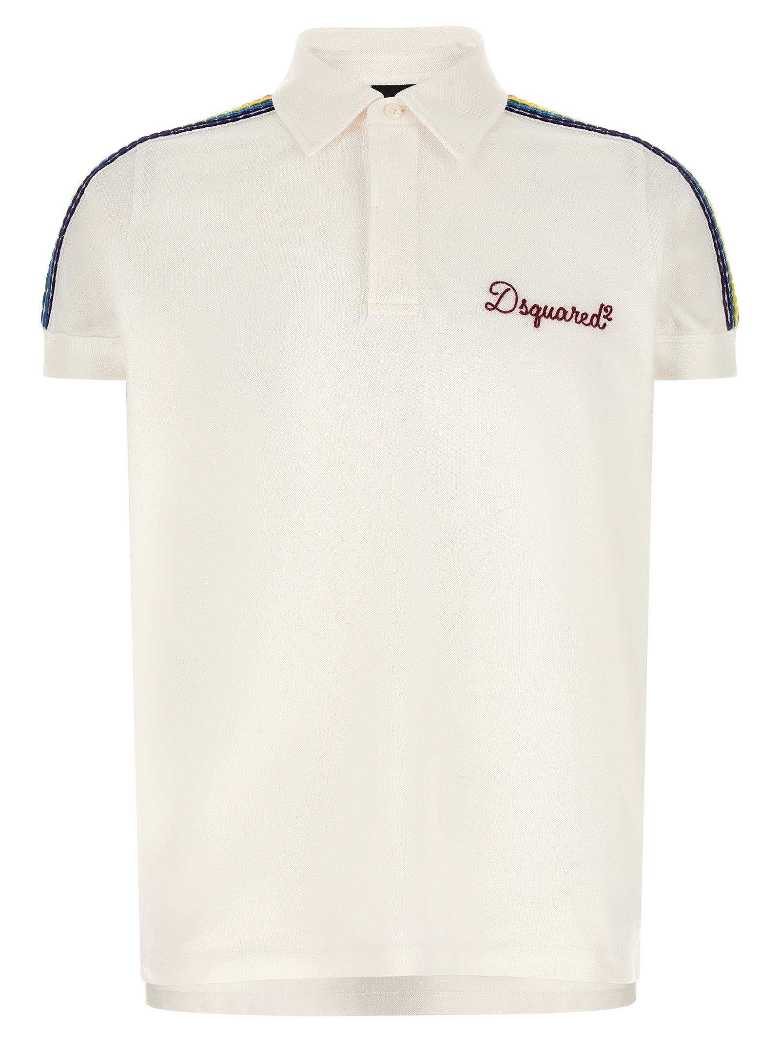 Chemise polo blanche en coton de la marque Dsquared², vue de face, avec col classique et logo discret.