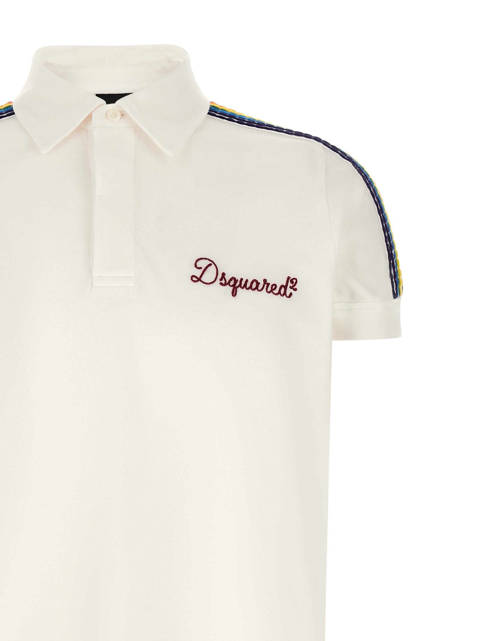 Chemise polo blanche en coton de la marque Dsquared², avec col classique et logo discret visible sur l'image.