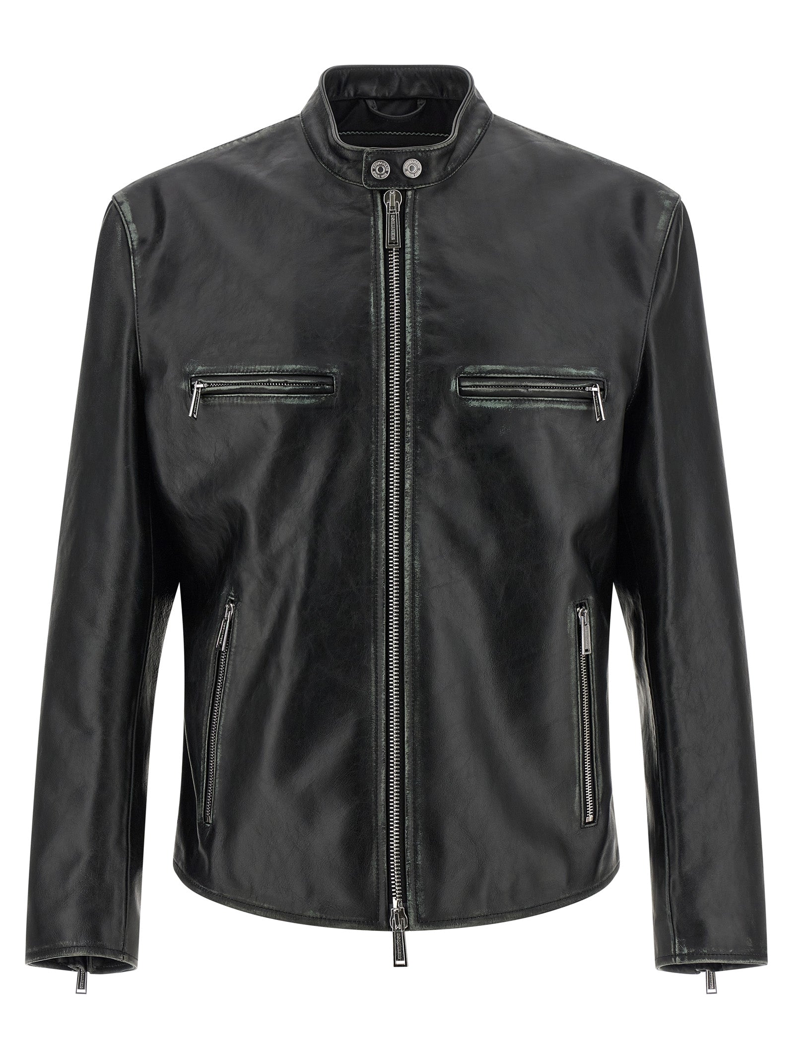 Veste en cuir noire Dsquared² pour homme, élégante et ajustée avec détails en cuir véritable.