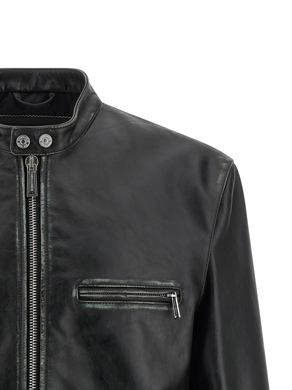 Veste en cuir noir Dsquared² pour homme, avec coupe ajustée et détails en cuir lisse, sur un fond neutre.