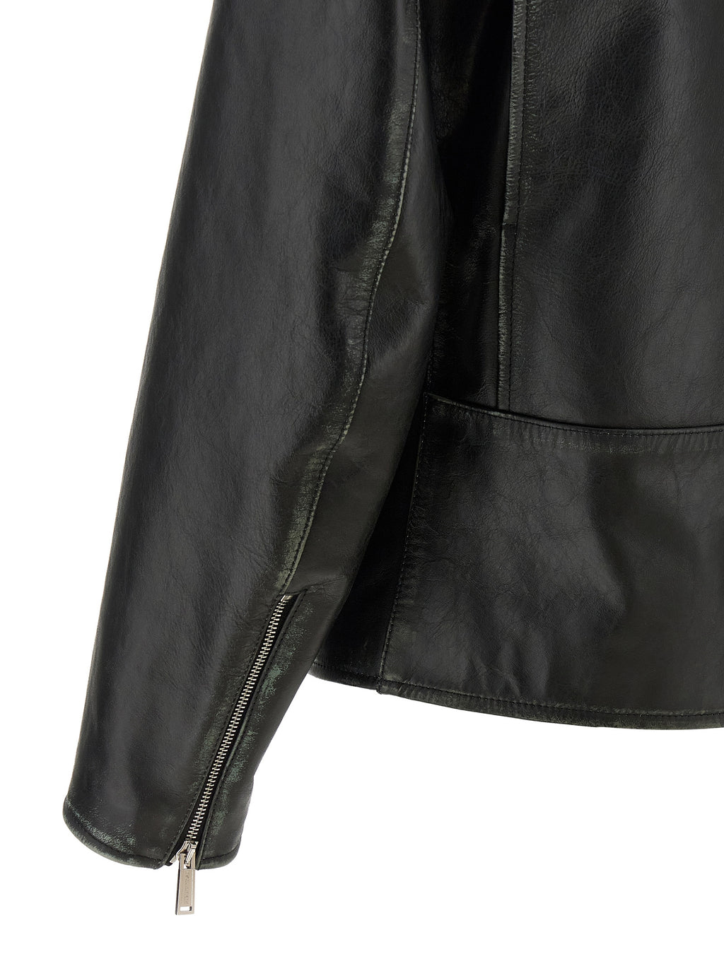 Veste en cuir noire Dsquared², style classique avec fermeture éclair et col montant, vue de face.