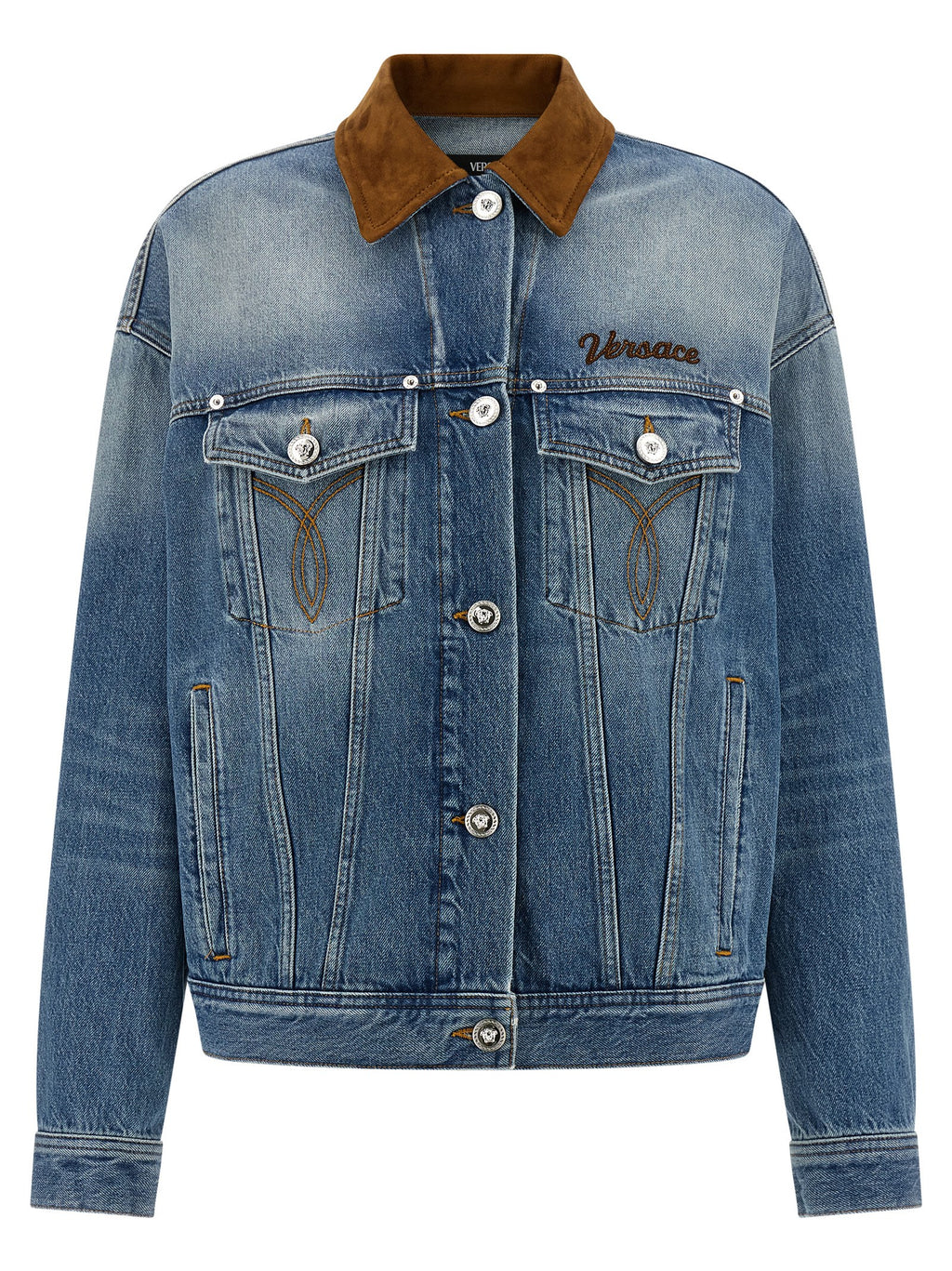Veste en denim en coton bleu de la marque Versace, avec détails de luxe et coupe élégante visible sur l'image.