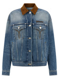 Veste en denim en coton bleu de la marque Versace, avec détails de luxe et coupe élégante visible sur l'image.