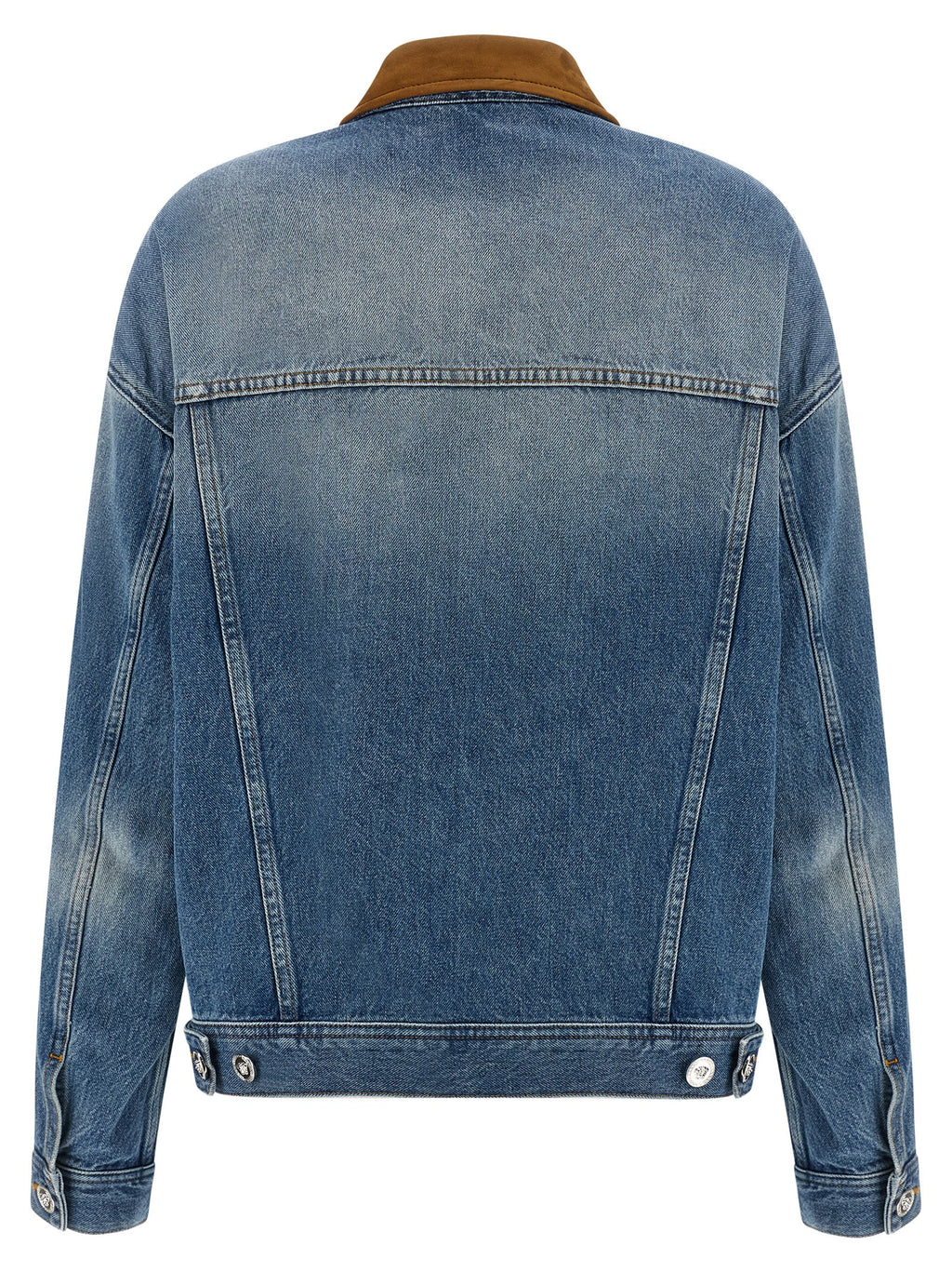 Veste en denim en coton bleu de la marque Versace, détail stylé avec logo et coupe moderne.