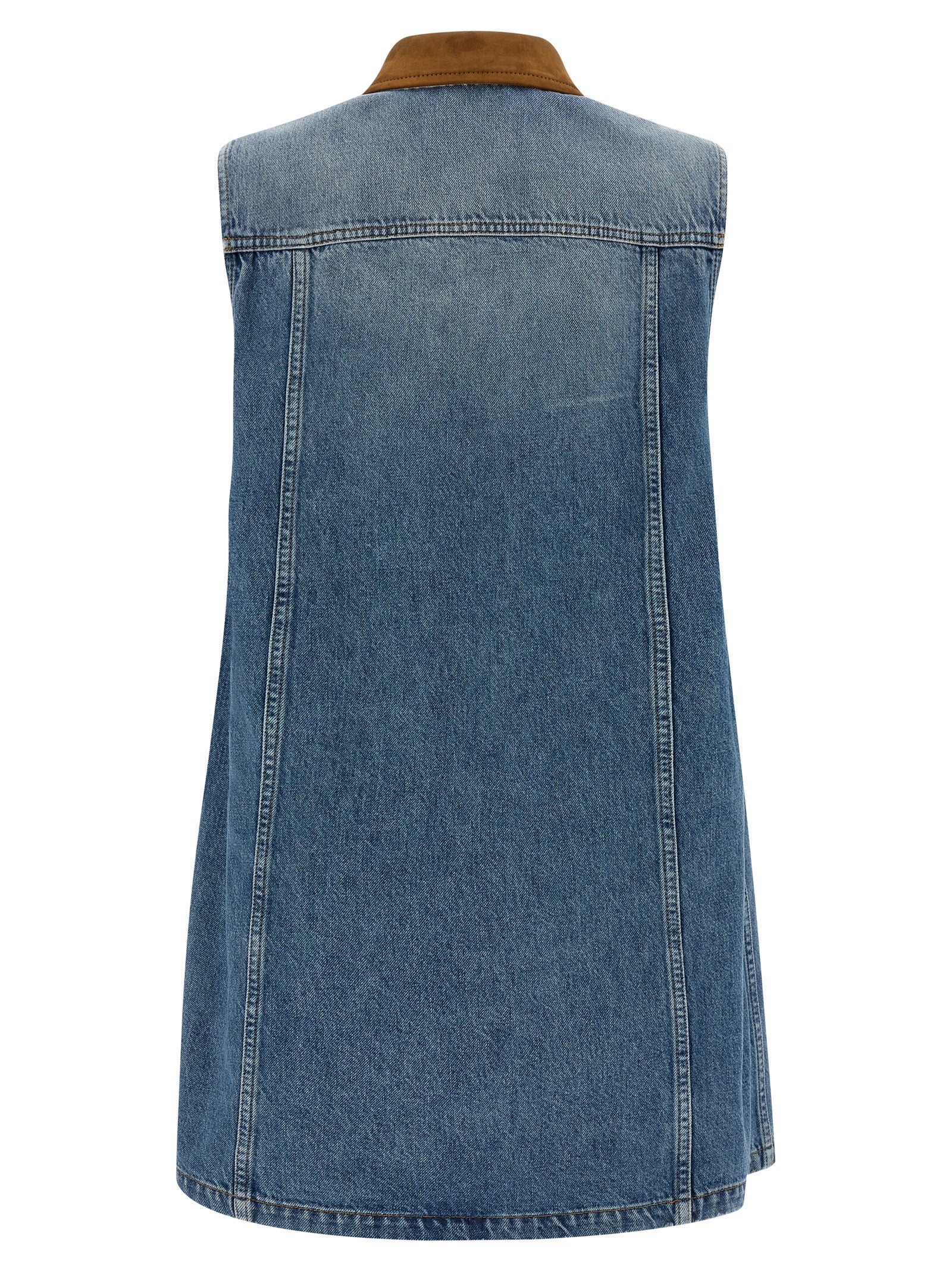 Robe courte en coton bleu de Versace, silhouette élégante, avec détails de design distinctifs, portée pour une allure sophistiquée.