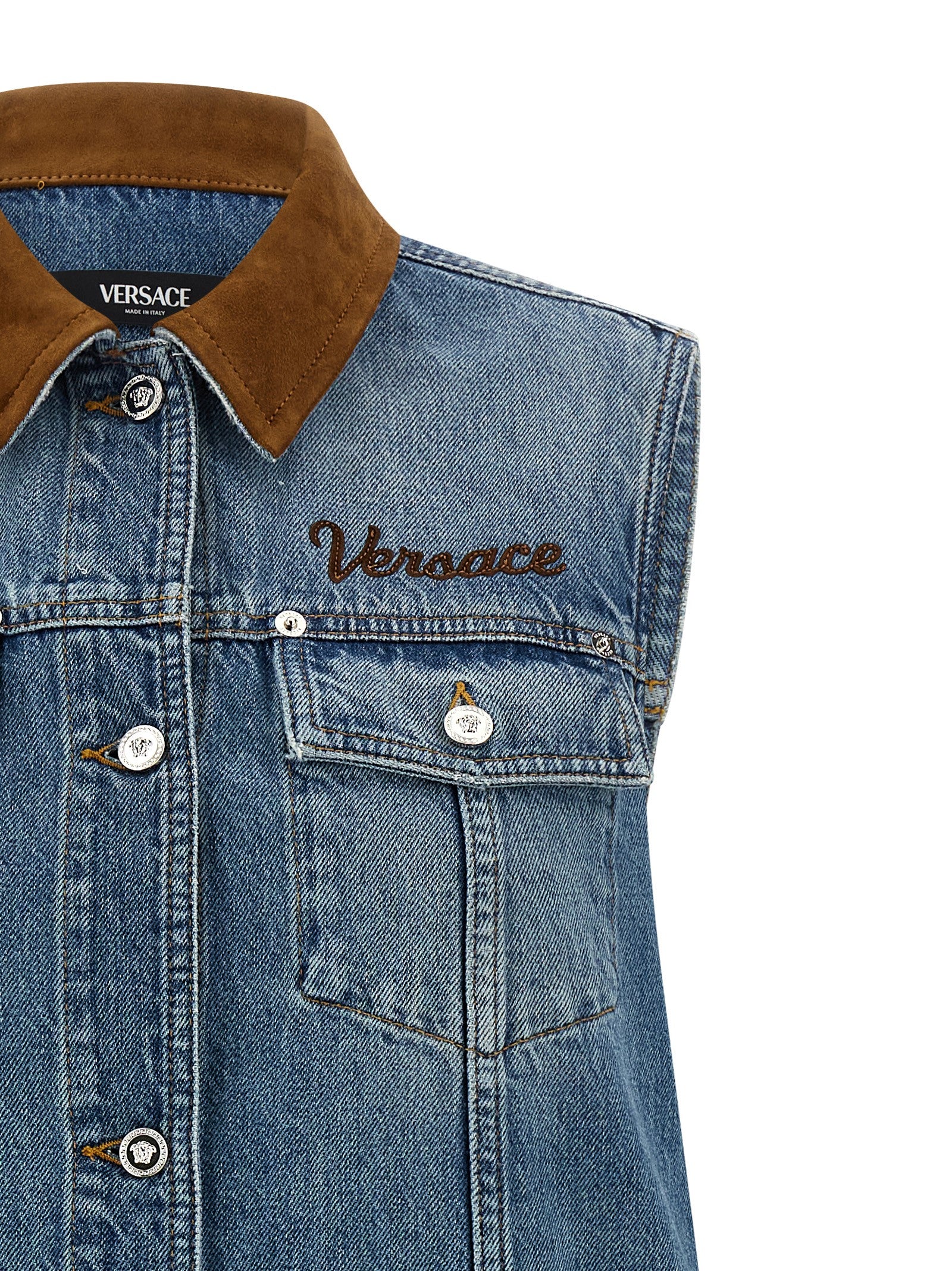 Robe courte en coton bleue de Versace, avec un style élégant et moderne, parfaite pour une tenue chic.