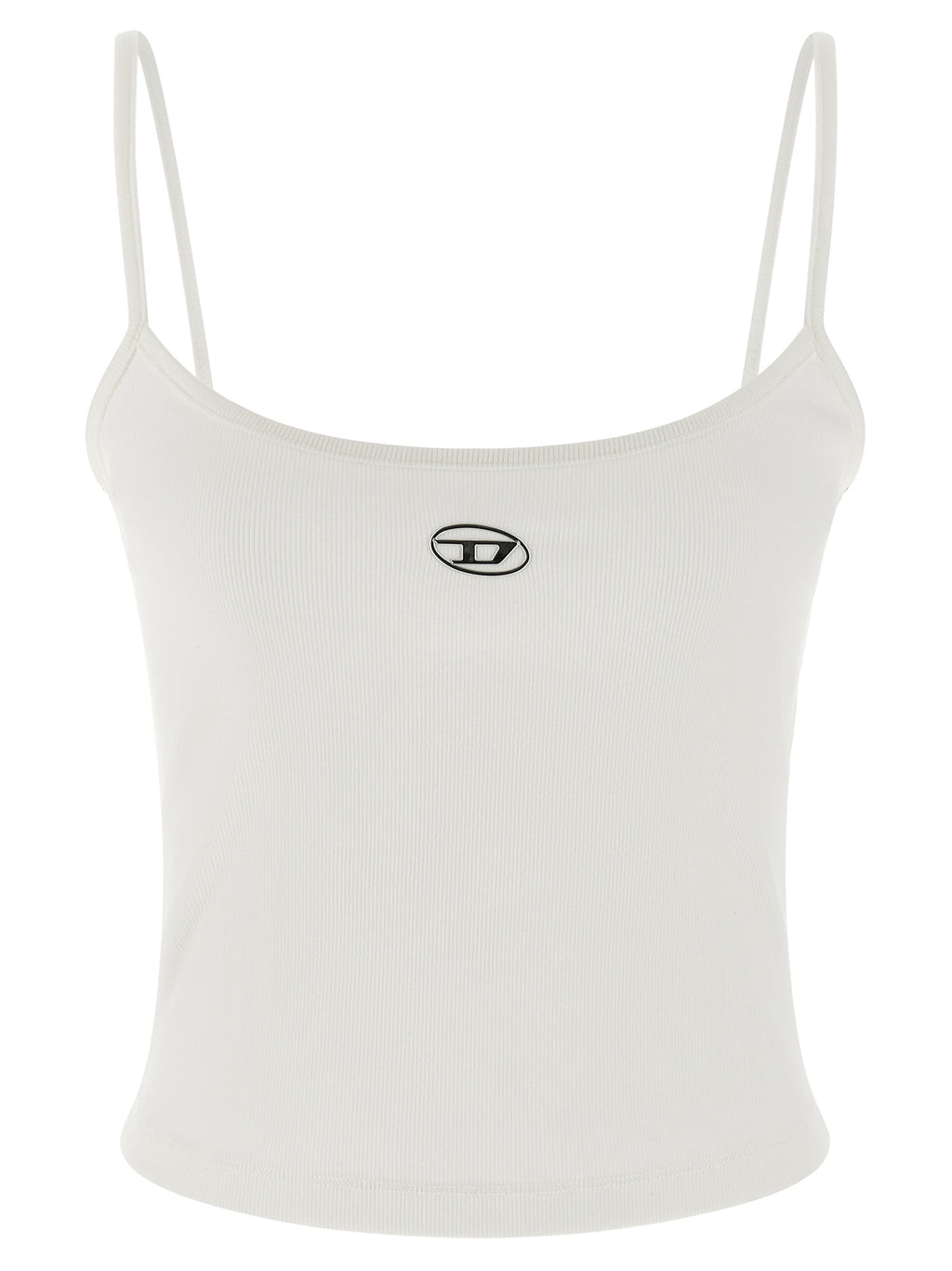 Débardeur blanc en coton de la marque Diesel, coupe ajustée, porté sur un mannequin avec fond neutre.