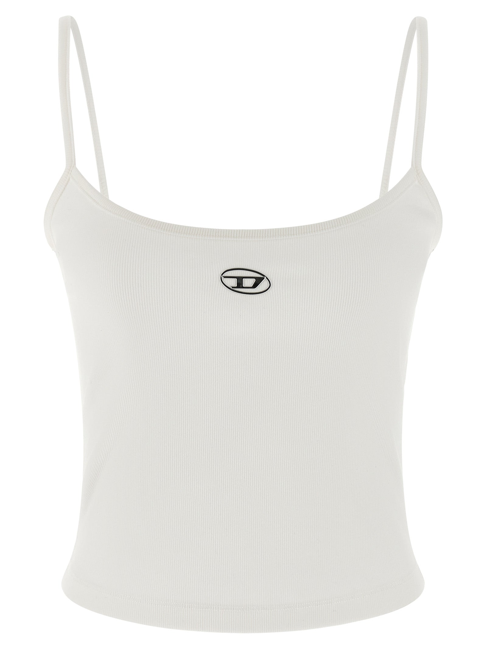 Débardeur blanc en coton de la marque Diesel, coupe ajustée, porté sur un mannequin avec fond neutre.