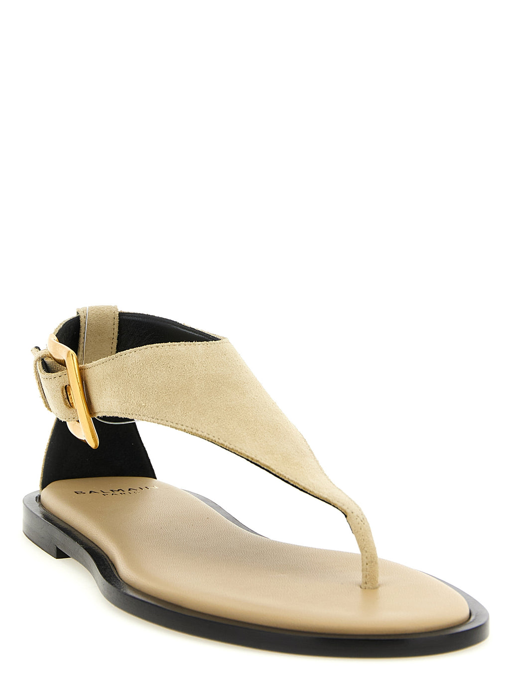 Sandales plates beige en cuir de veau Balmain, élégantes et confortables, parfaites pour un style sophistiqué.
