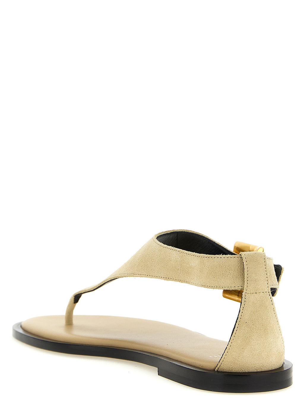 Sandales plates en cuir de veau beige de Balmain, visibles avec détails en cuir et design élégant.