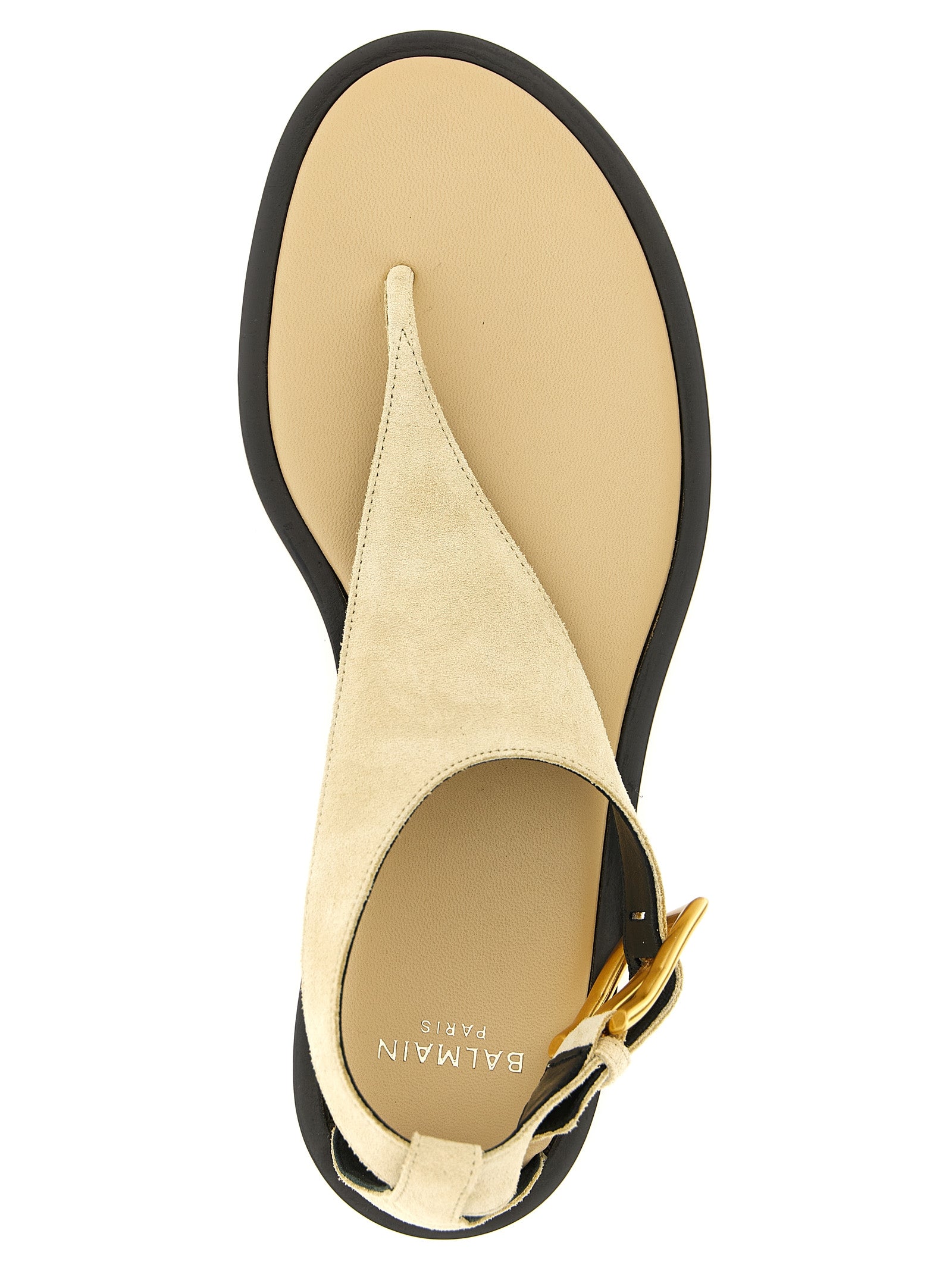 Sandales plates en cuir de veau beige Balmain, mode élégante et sophistiquée pour un look chic et confortable.