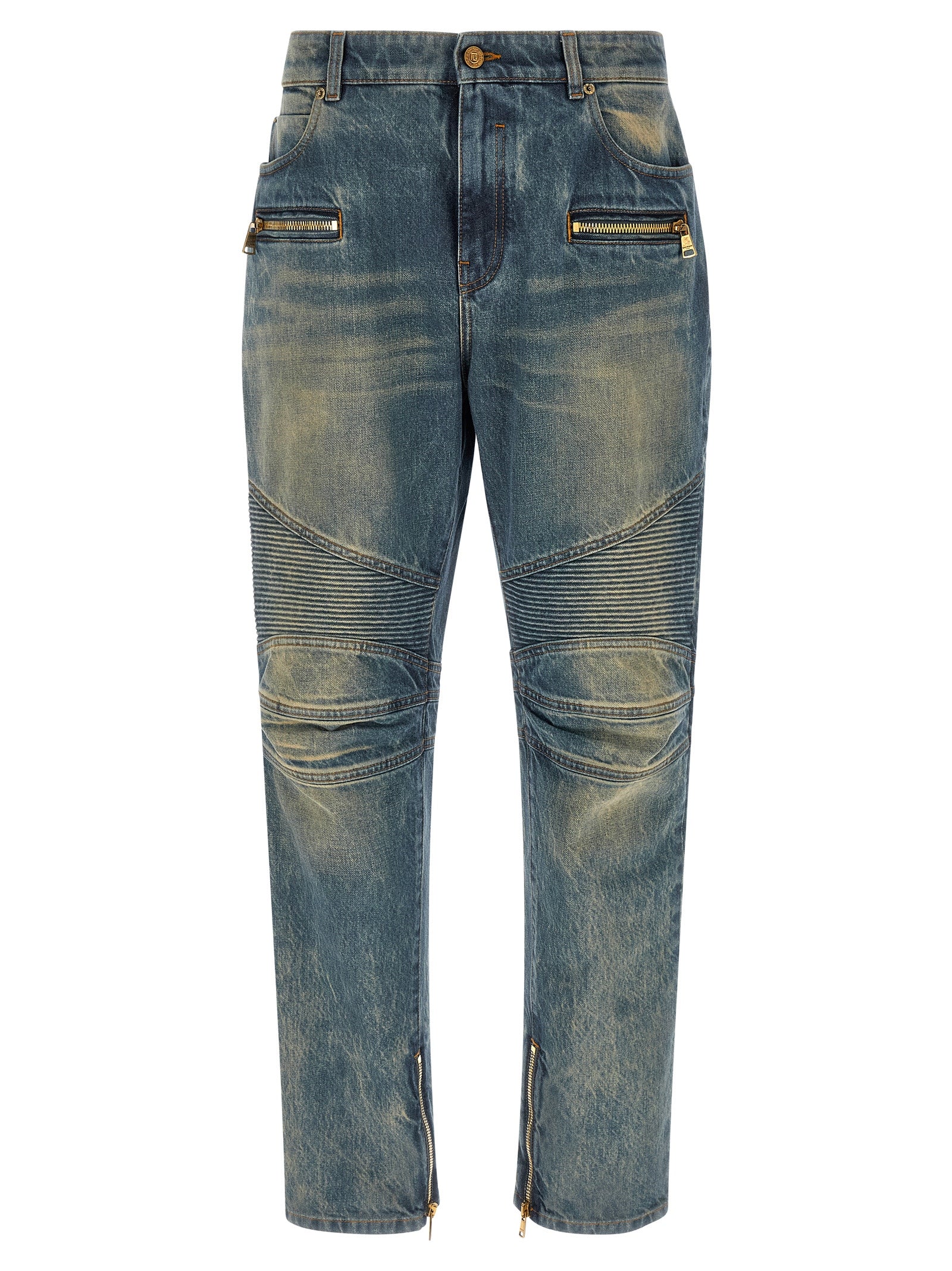 Jeans droits en coton bleu Balmain, vue de face, détails de la coupe droite et finition élégante visible.