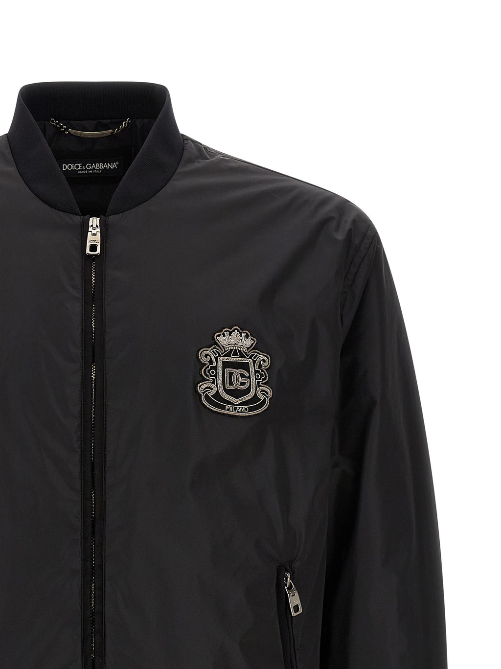 Veste bomber noire en polyamide de Dolce & Gabbana, style moderne avec détails élégants.